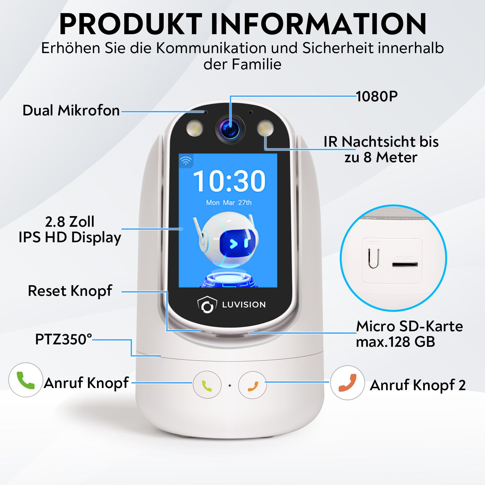 Smart-Home-Gerät mit Bildschirm. Text: Produktinformationen. Funktionen: 1080P, Micro SD, Anruftaste.