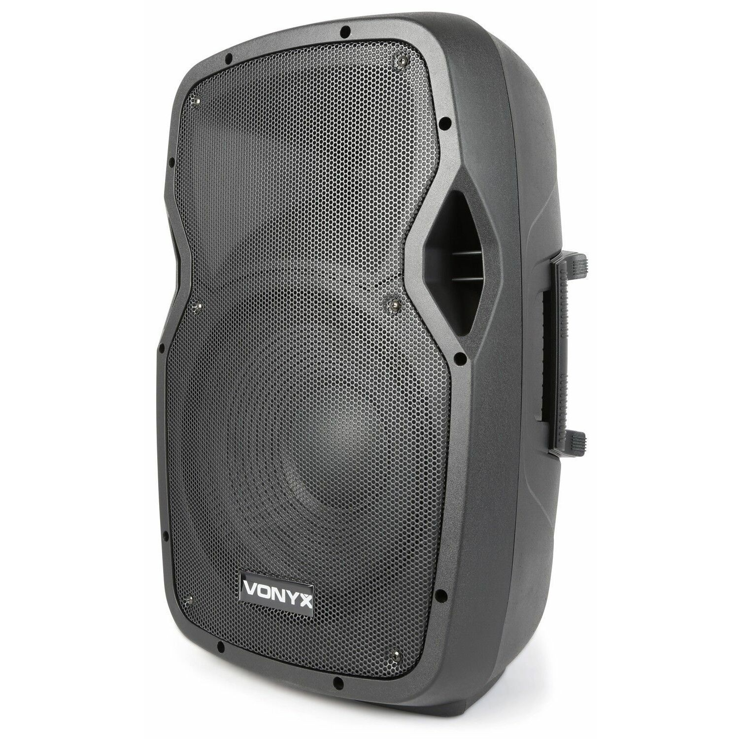 Altavoz Vonyx negro con rejilla metálica y asa lateral. Fondo blanco.