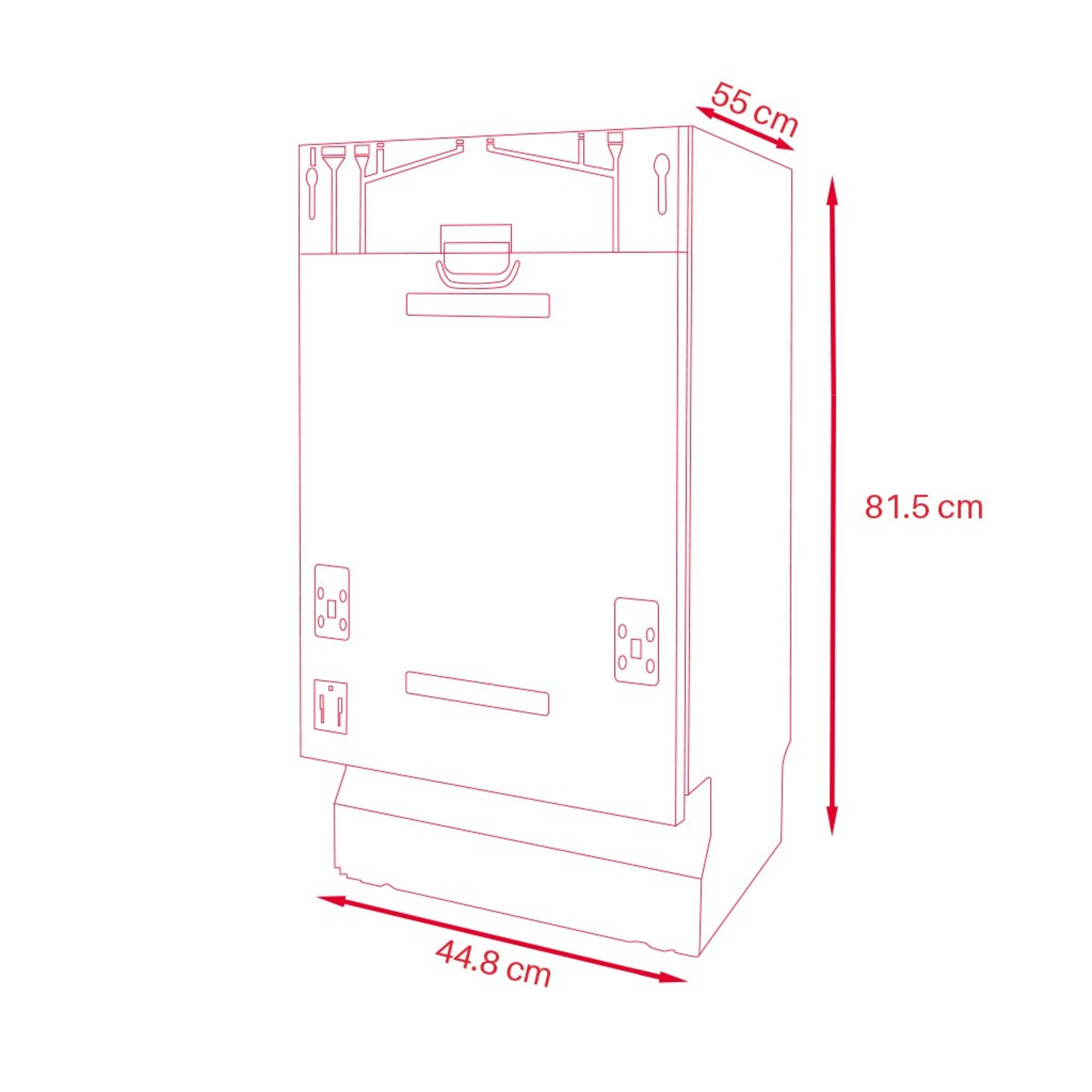 Un lavavajillas, delineado con dimensiones y medidas, mostrando detalles de tamaño en un dibujo técnico.