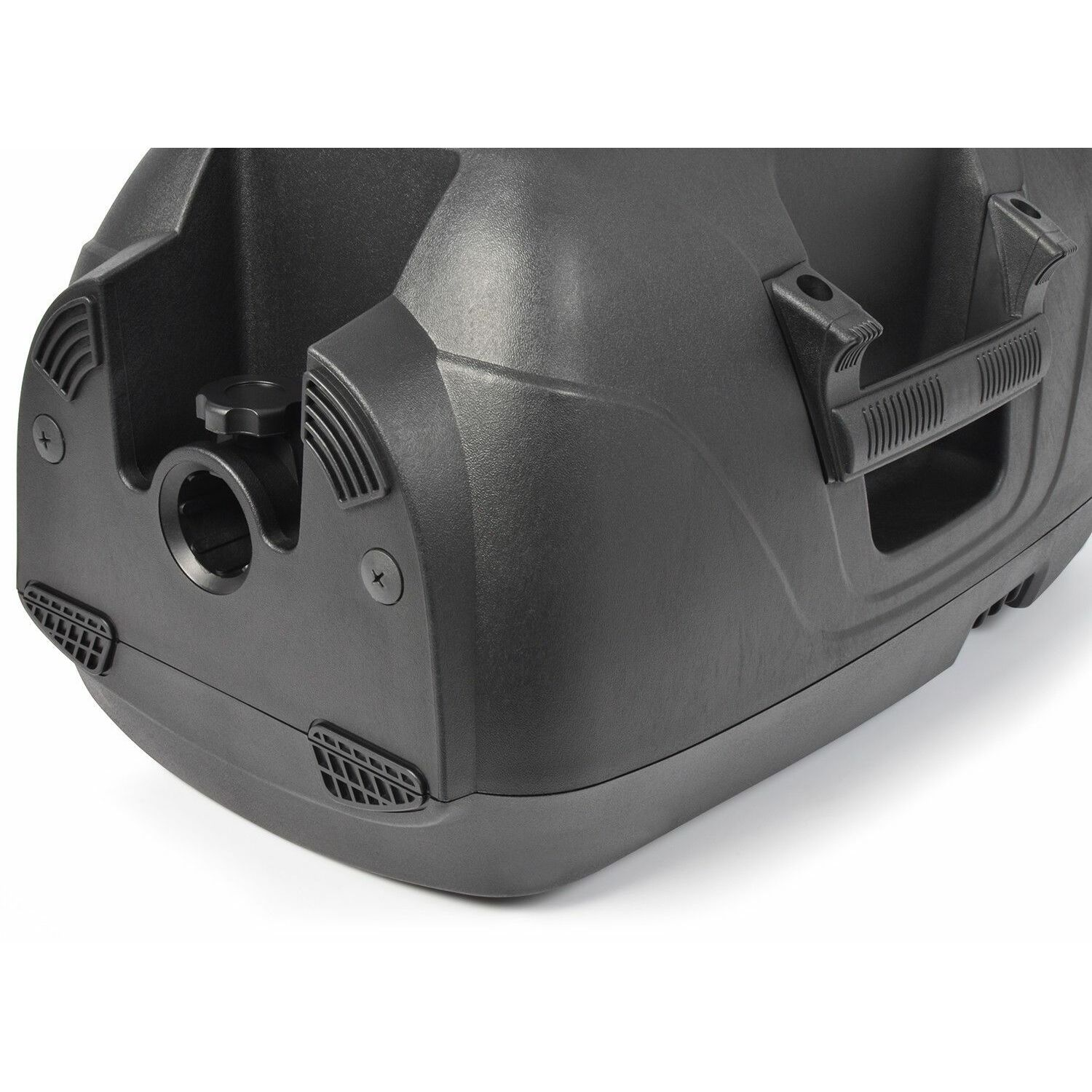 Zwart luidsprekercomponent met handgrepen en ventilatieopeningen. De achtergrond is wit.