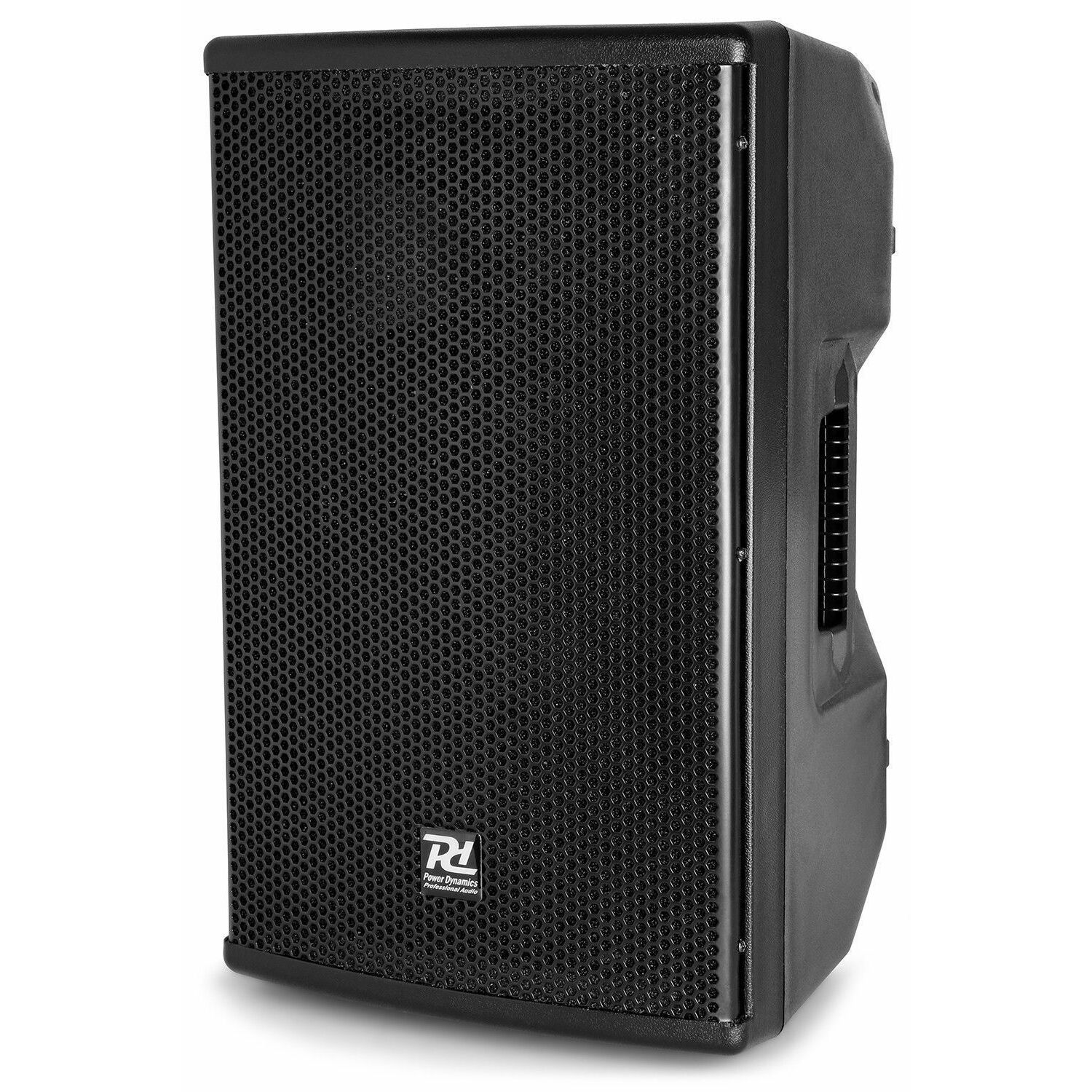 Un altavoz negro con una rejilla frontal y el logo 
