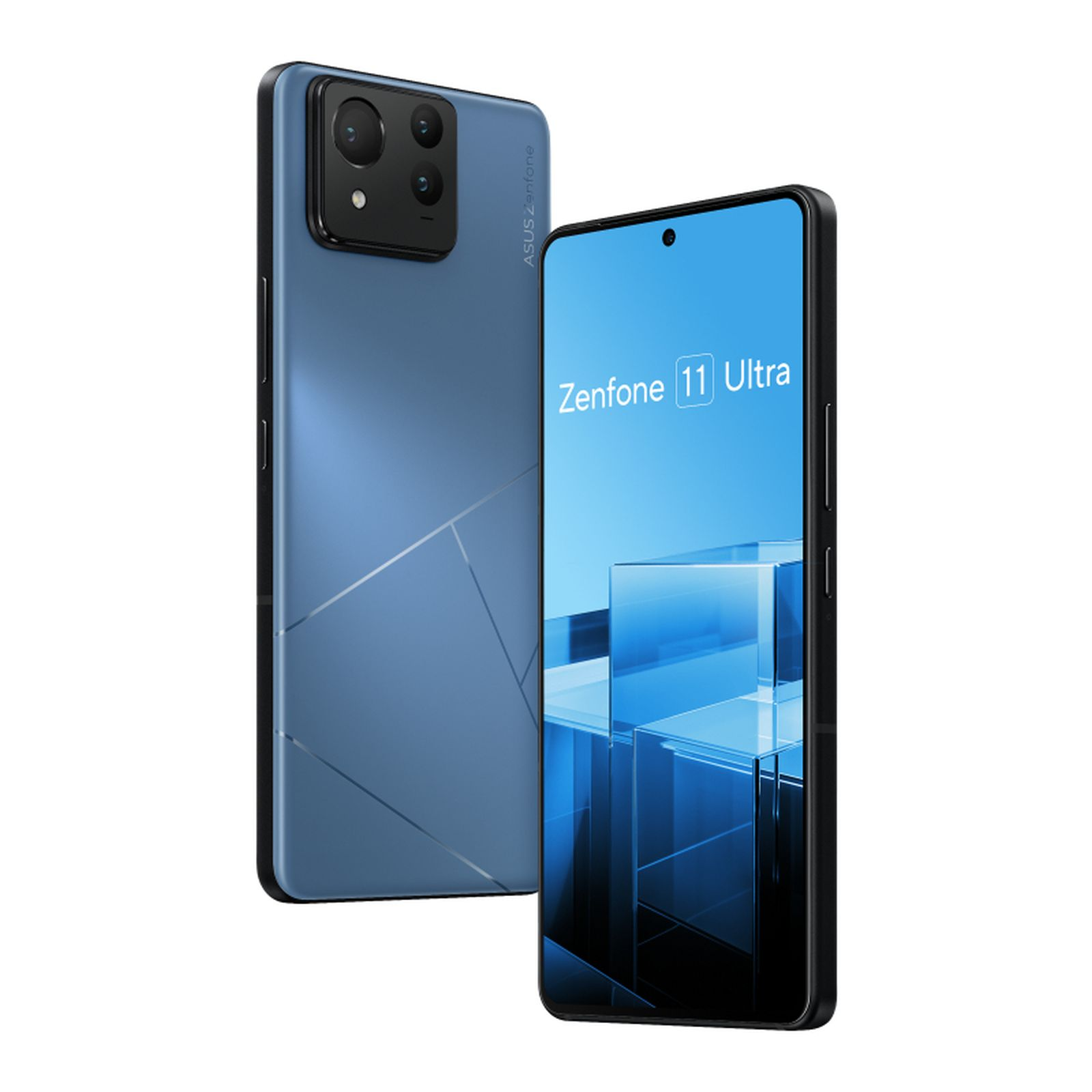 Zwei blaue Smartphones, eines mit Bildschirm, das andere mit Rückseite und Kameras.