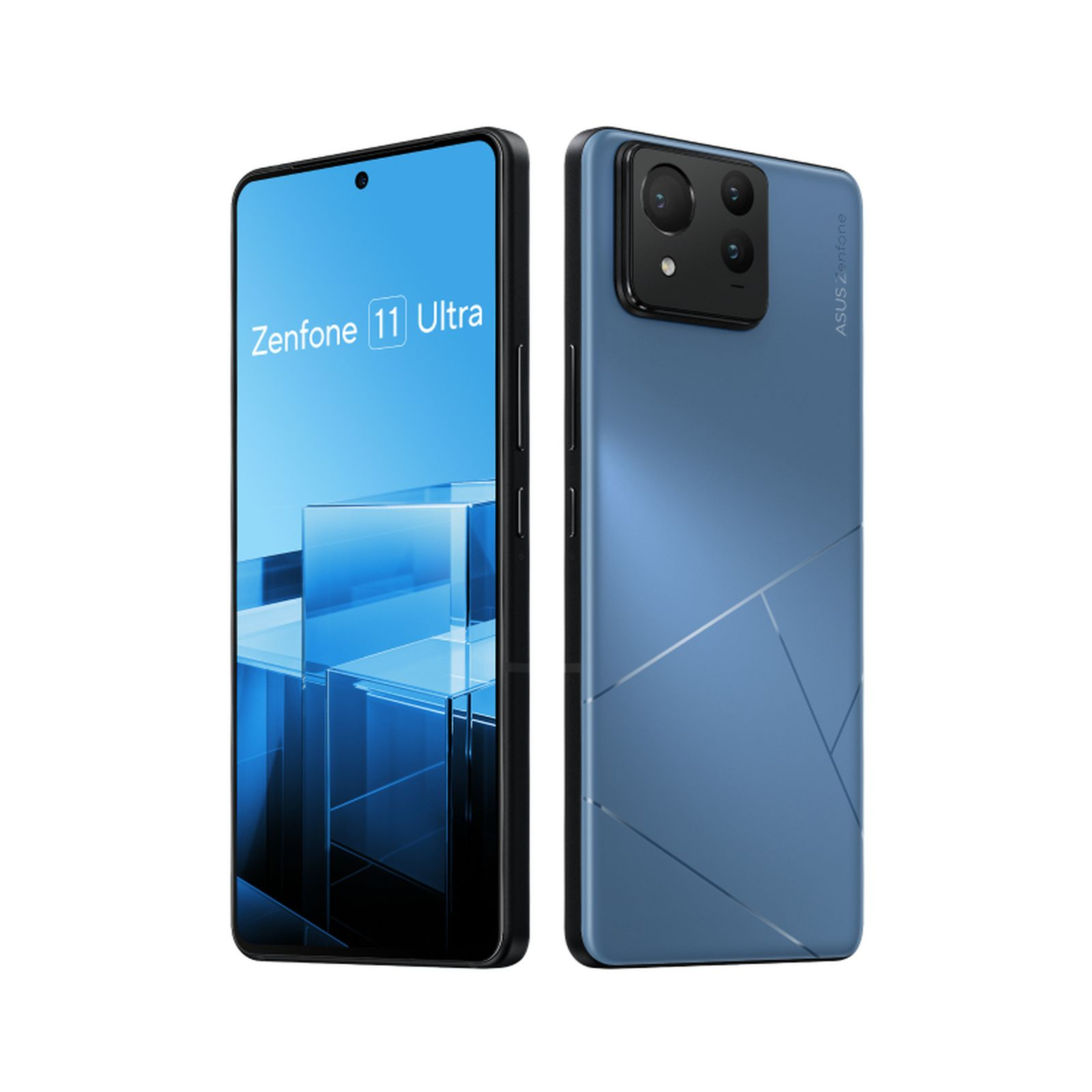 Zwei Smartphones: eines zeigt einen Bildschirm, das andere seine Rückseite. Beide sind blau mit schwarzen Rahmen.
