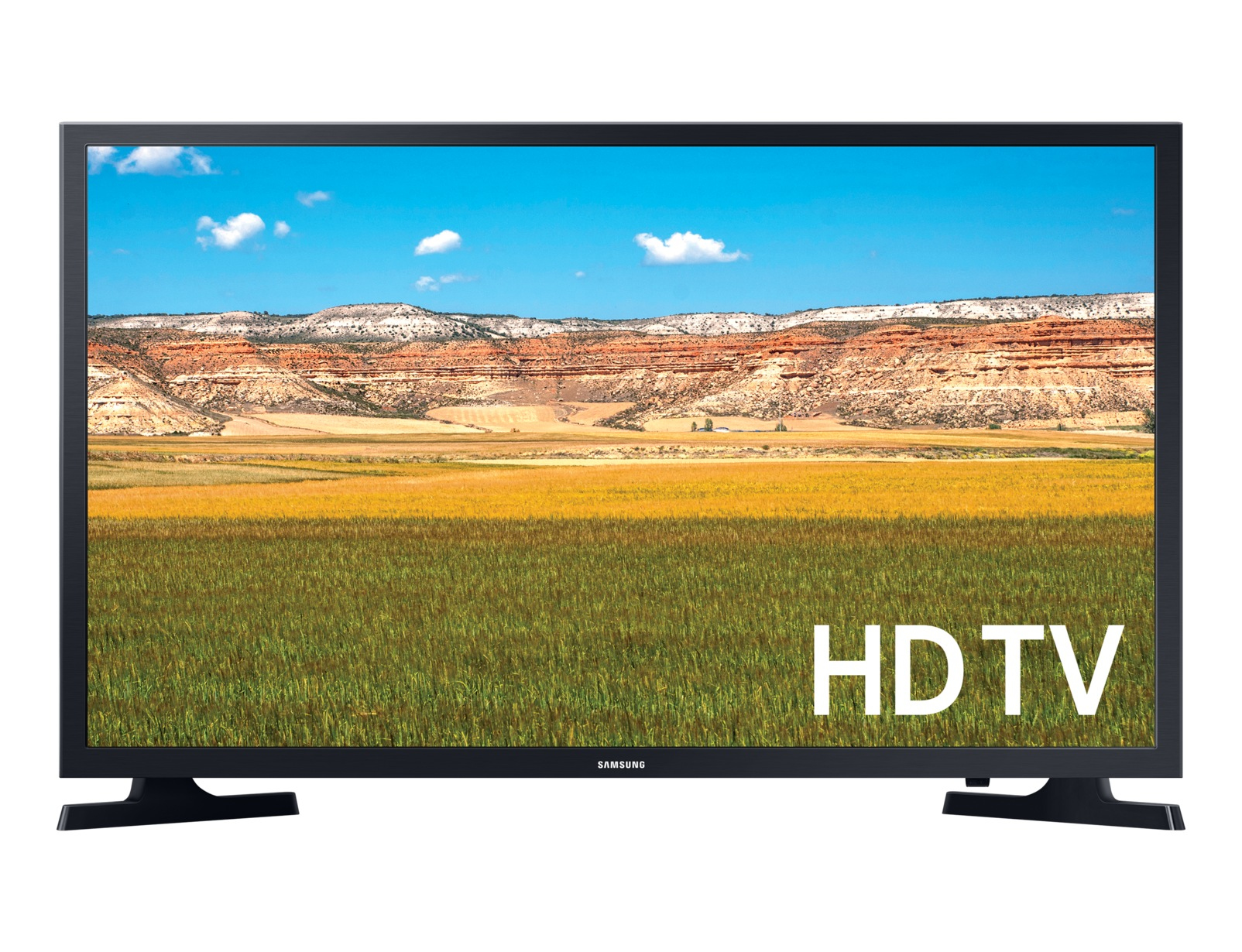 Schermo Samsung HDTV con scena paesaggistica e testo "HD TV".
