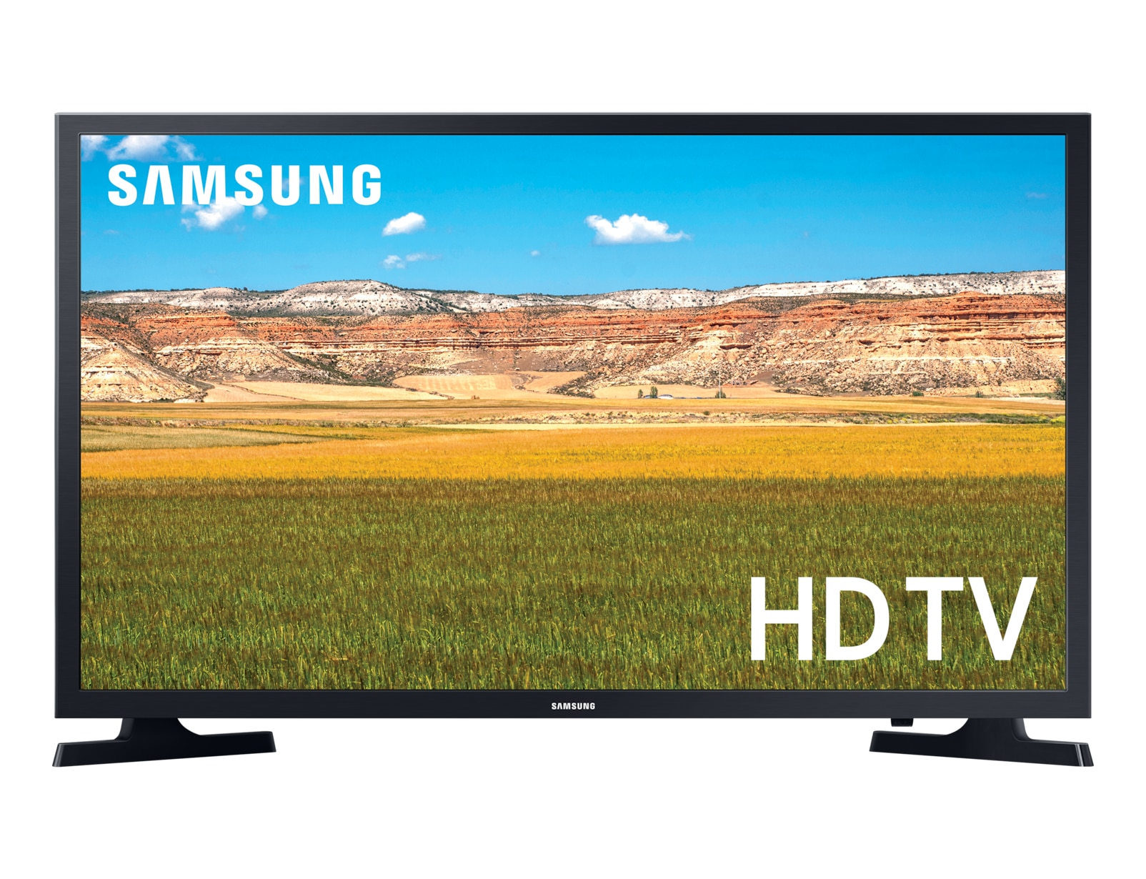 Schermo TV con paesaggio di campo e montagne e la scritta "SAMSUNG HD TV".