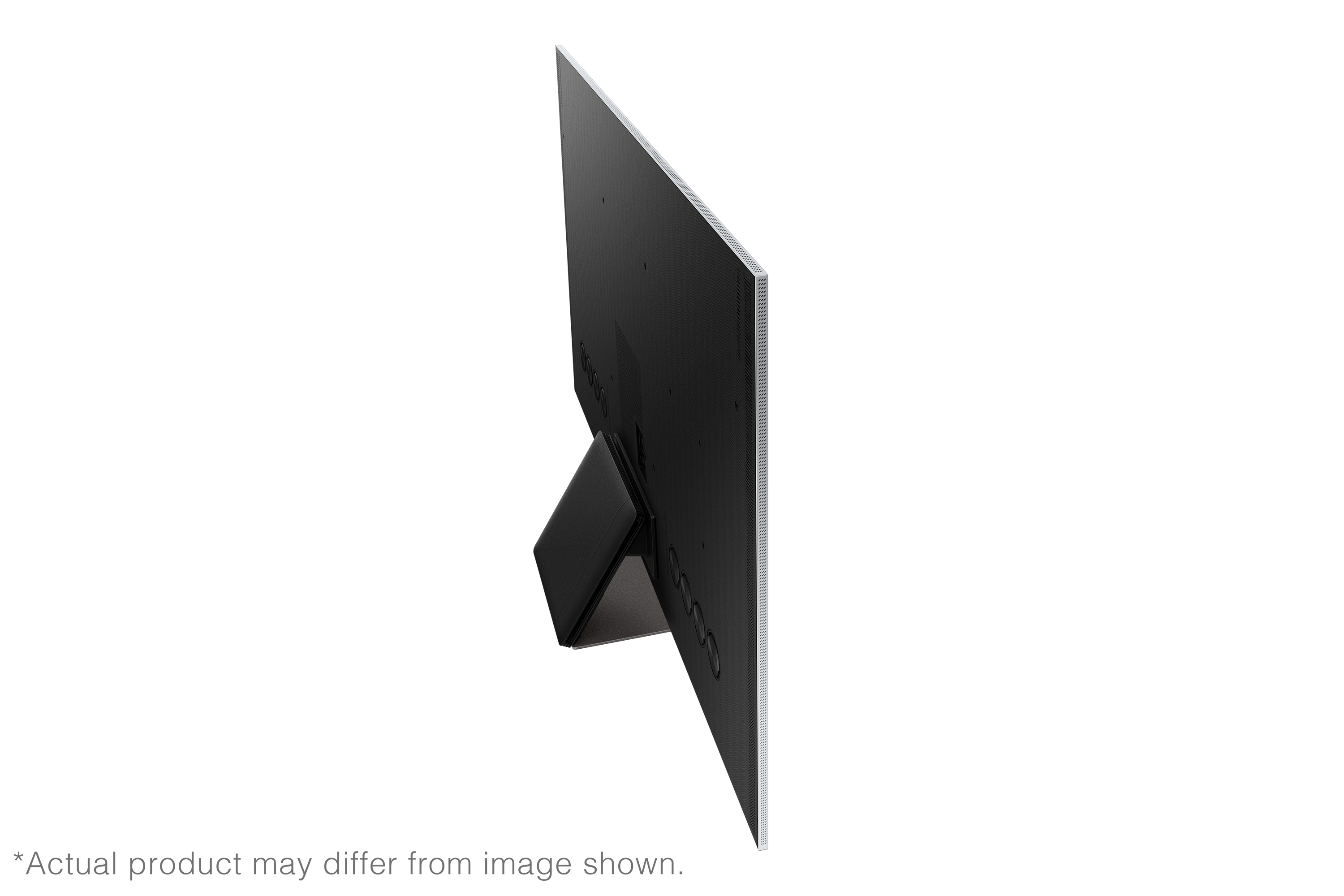 Widok z boku nowoczesnego telewizora o eleganckim designie, na białym tle.