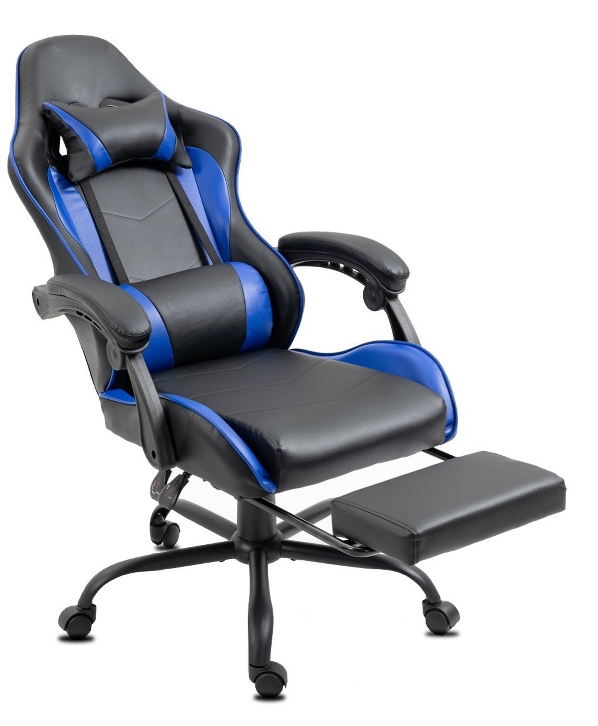 Schwarzer und blauer Gaming-Stuhl mit Fußstütze. Er steht auf Rädern.