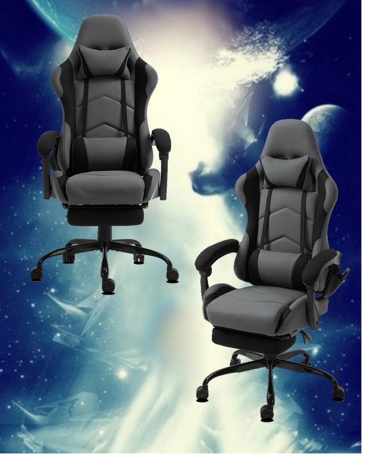 Zwei grau-schwarze Gaming-Stühle vor einem Weltraum-Hintergrund.