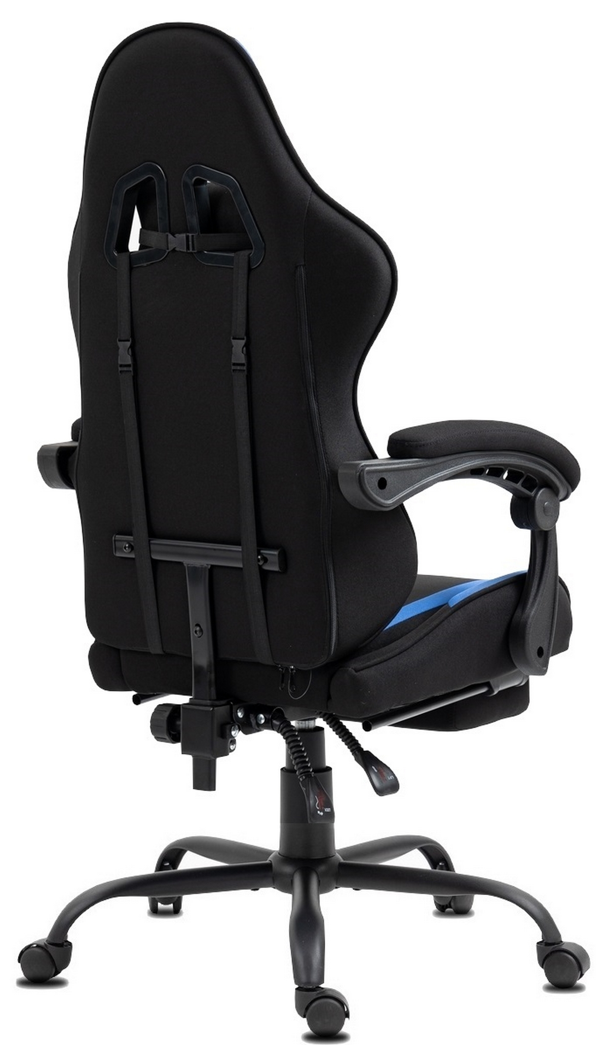 Gaming-Stuhl, blau und schwarz. Der Stuhl ist von hinten zu sehen, mit offenem Rückendesign.