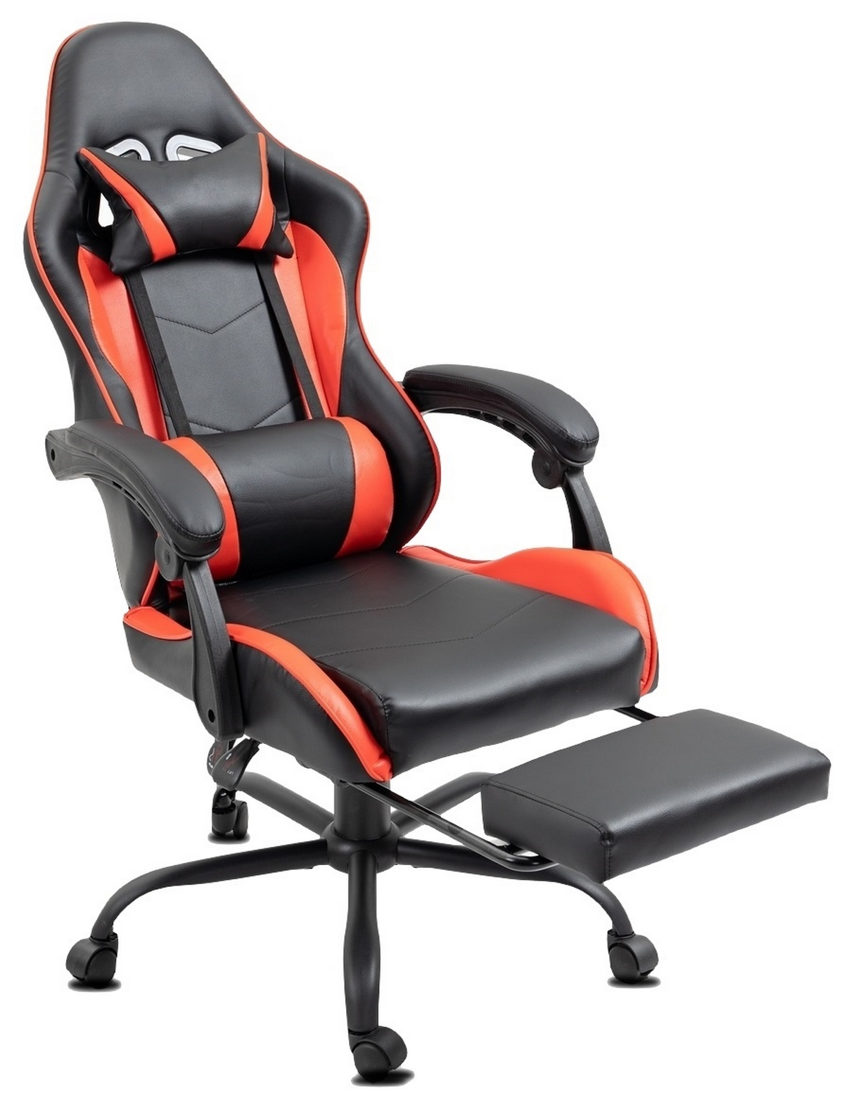 Gaming-Stuhl, schwarzes und rotes Leder mit Fußstütze und Kopfstütze, auf weißem Hintergrund.