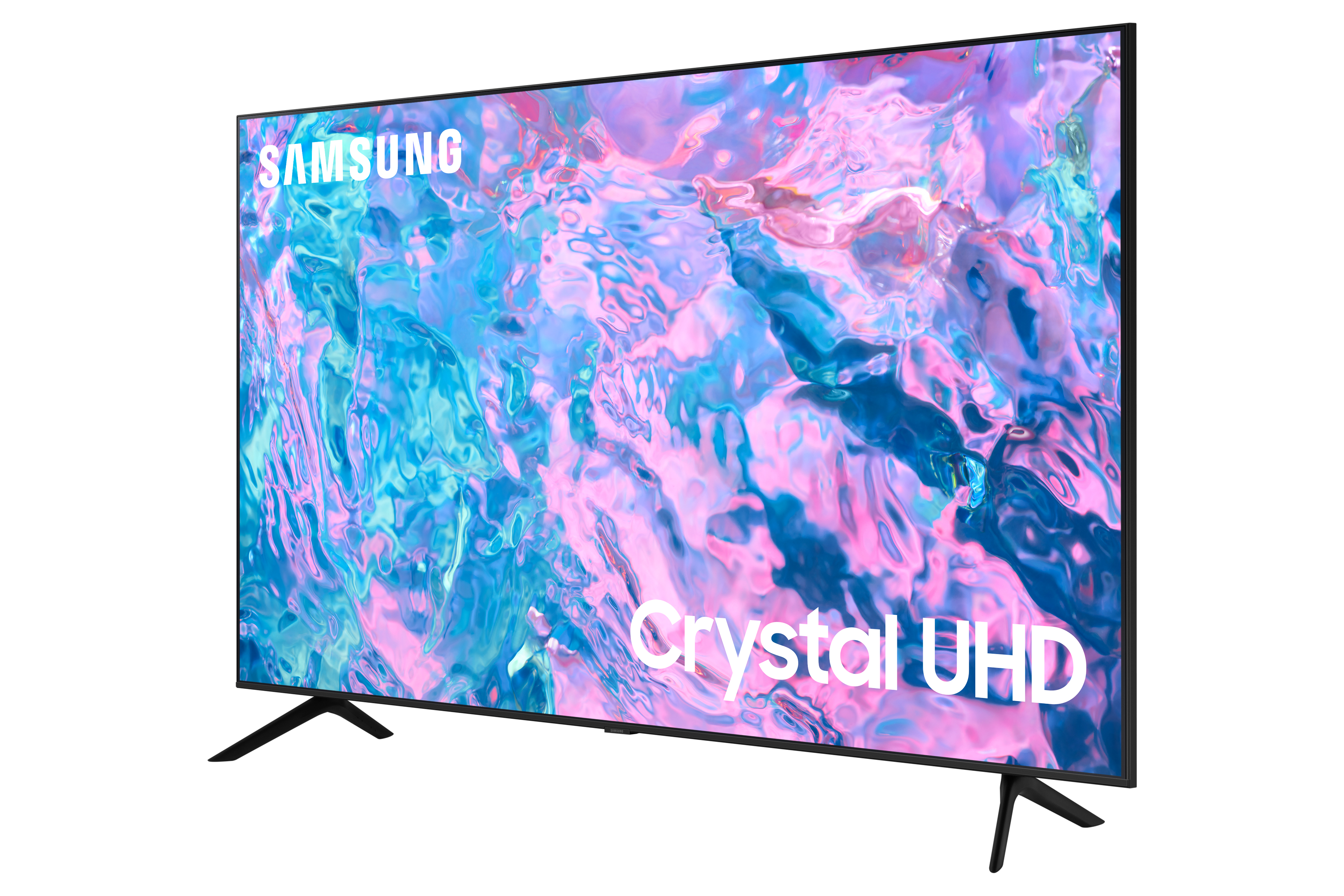 Duży telewizor Samsung Crystal UHD, pod kątem, z białym tłem.