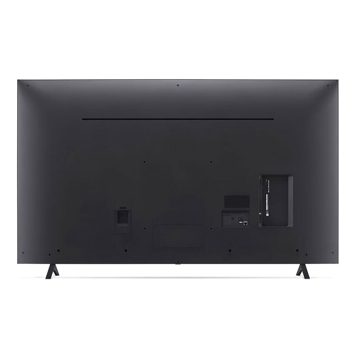 Tył dużego czarnego telewizora z portami i nóżkami. Na białym tle.