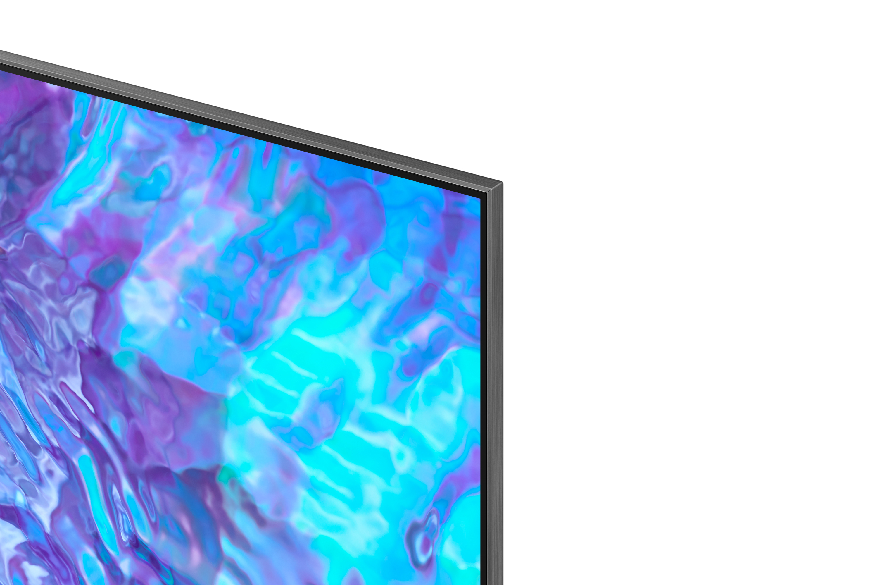 Zbliżenie rogu telewizora. Szara ramka, niebieski i fioletowy ekran.