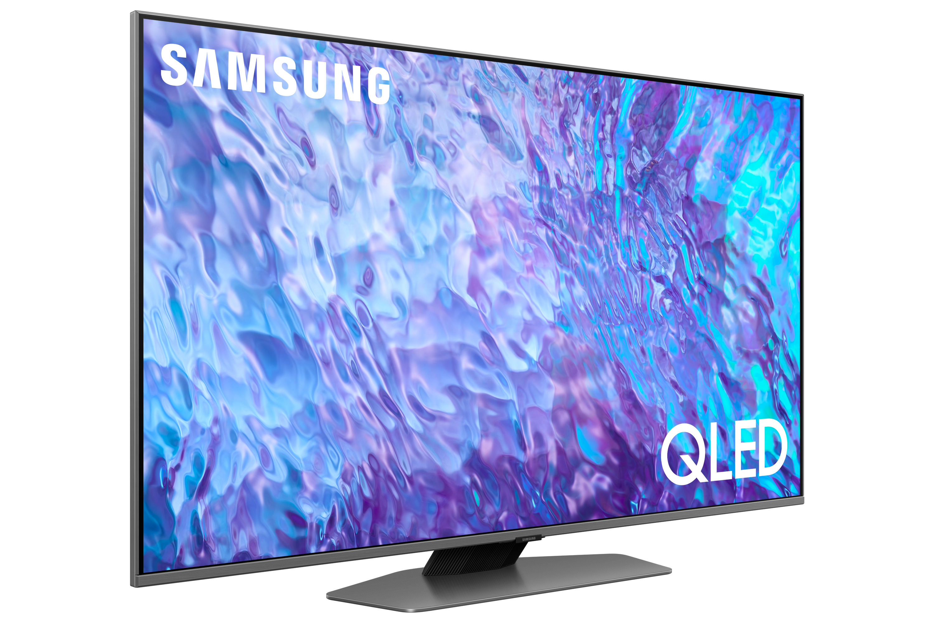 Telewizor Samsung QLED, widok z boku, pokazujący fioletowo-niebieski ekran.
