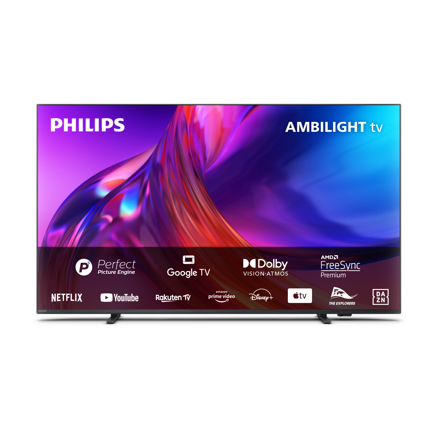 Televisor moderno con marco negro, soporte negro y pantalla colorida. Marca Philips Ambilight.
