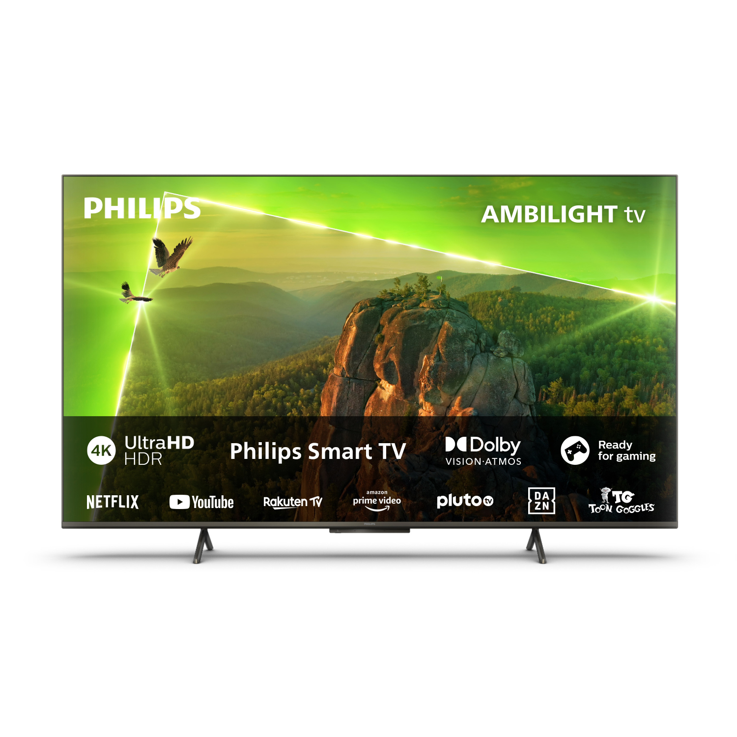 TV Philips Smart muestra una escena de montaña. Logos de Netflix, YouTube y Dolby son visibles.