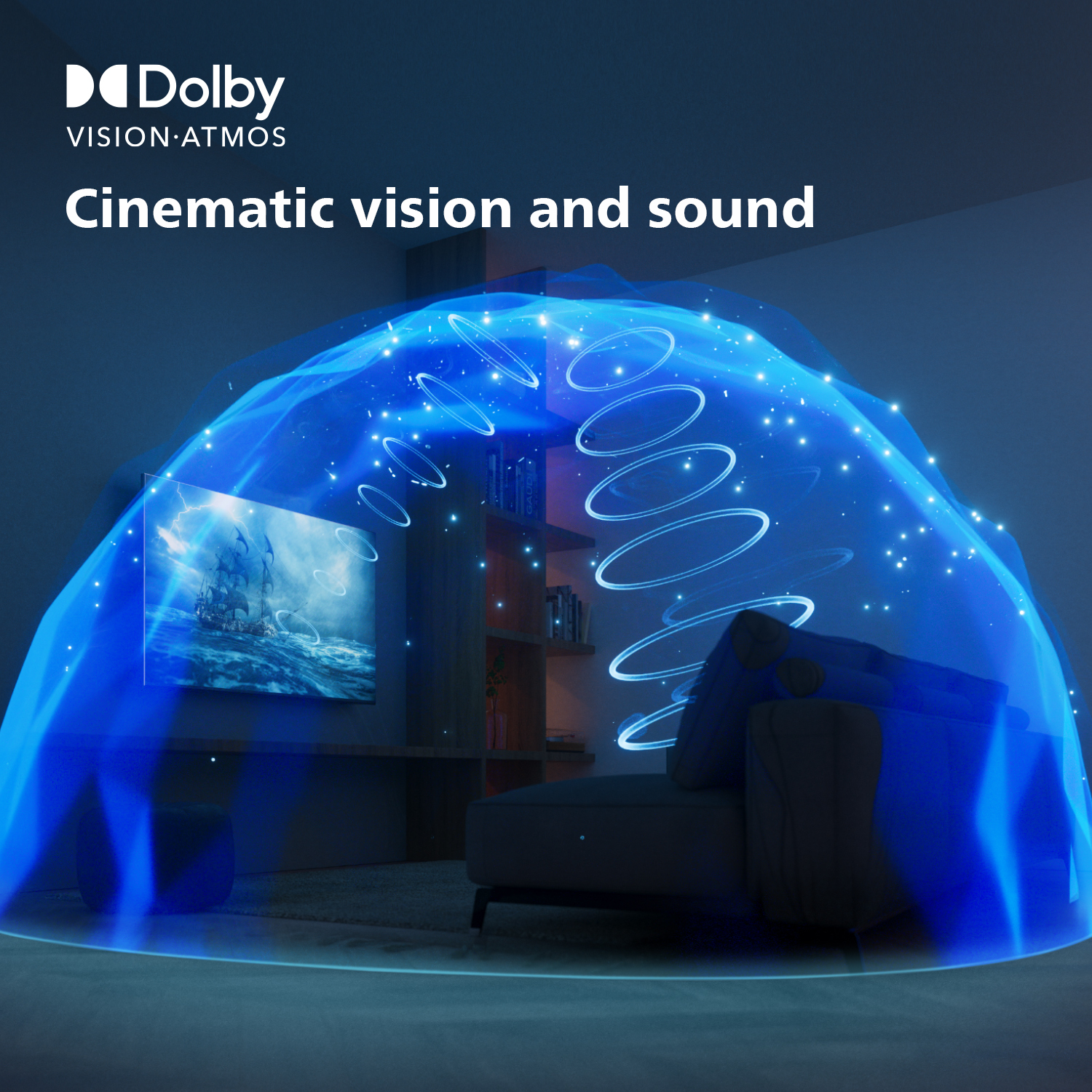 Anuncio de Dolby Atmos. Luz azul rodea un televisor con un barco y un océano. Visión y sonido cinemáticos.