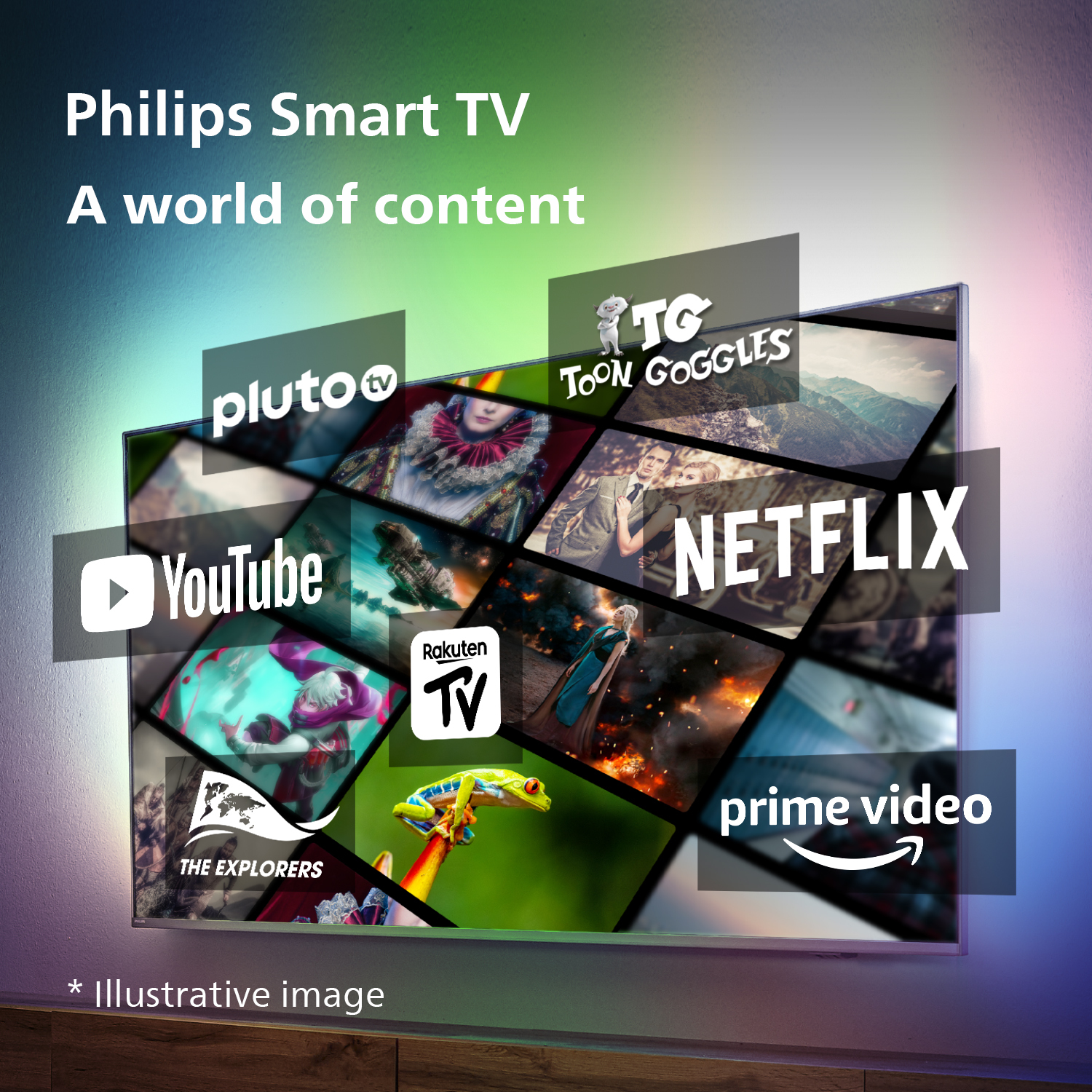 Televisor inteligente Philips mostrando logotipos de servicios de streaming.