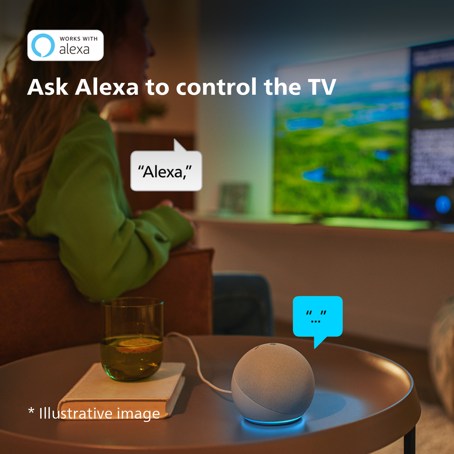 Un altavoz inteligente Alexa. La imagen muestra a Alexa y un televisor.