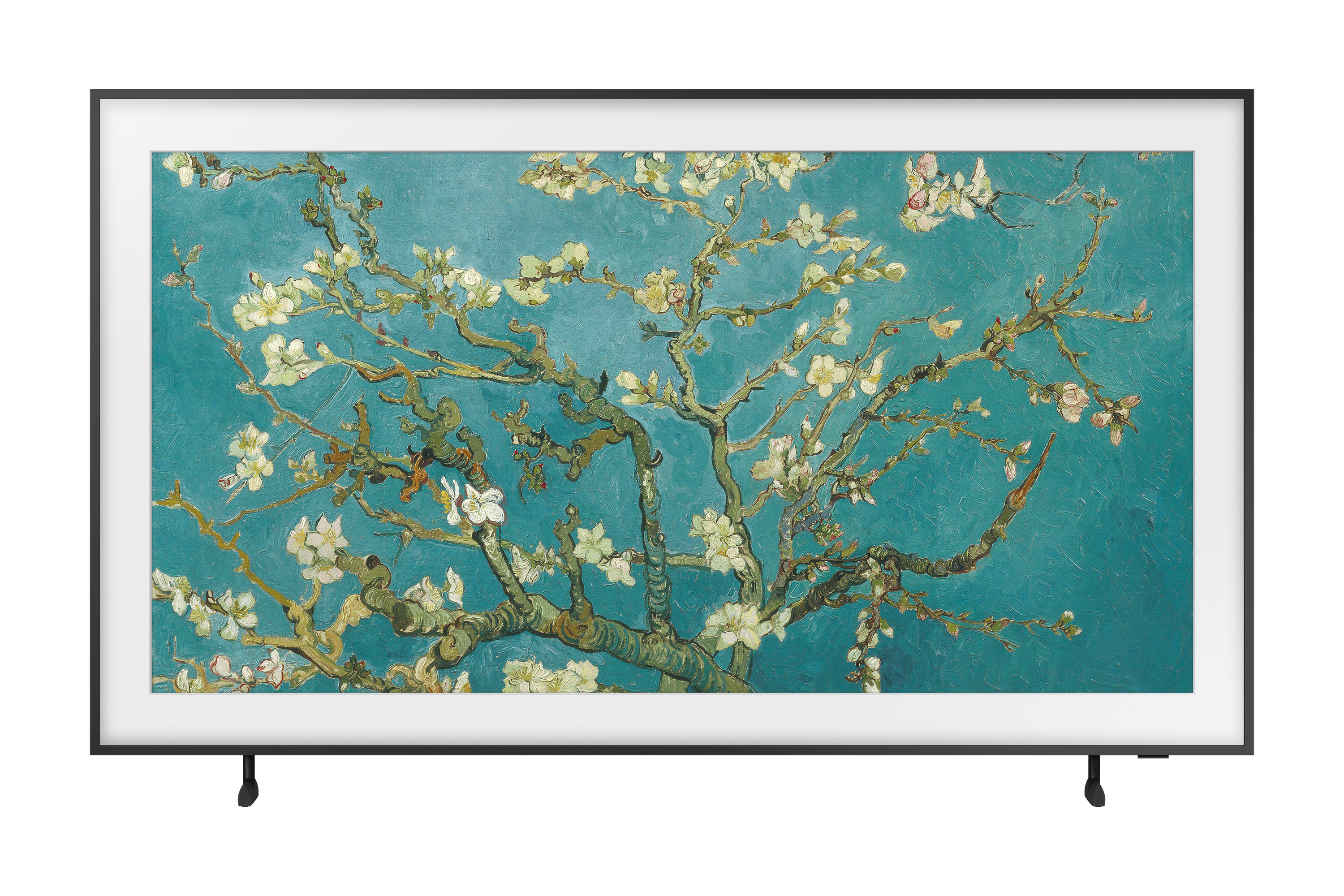 Fernseher mit Gemälde eines Baumes mit weißen Blüten auf blauem Hintergrund. Schwarzer Rahmen.
