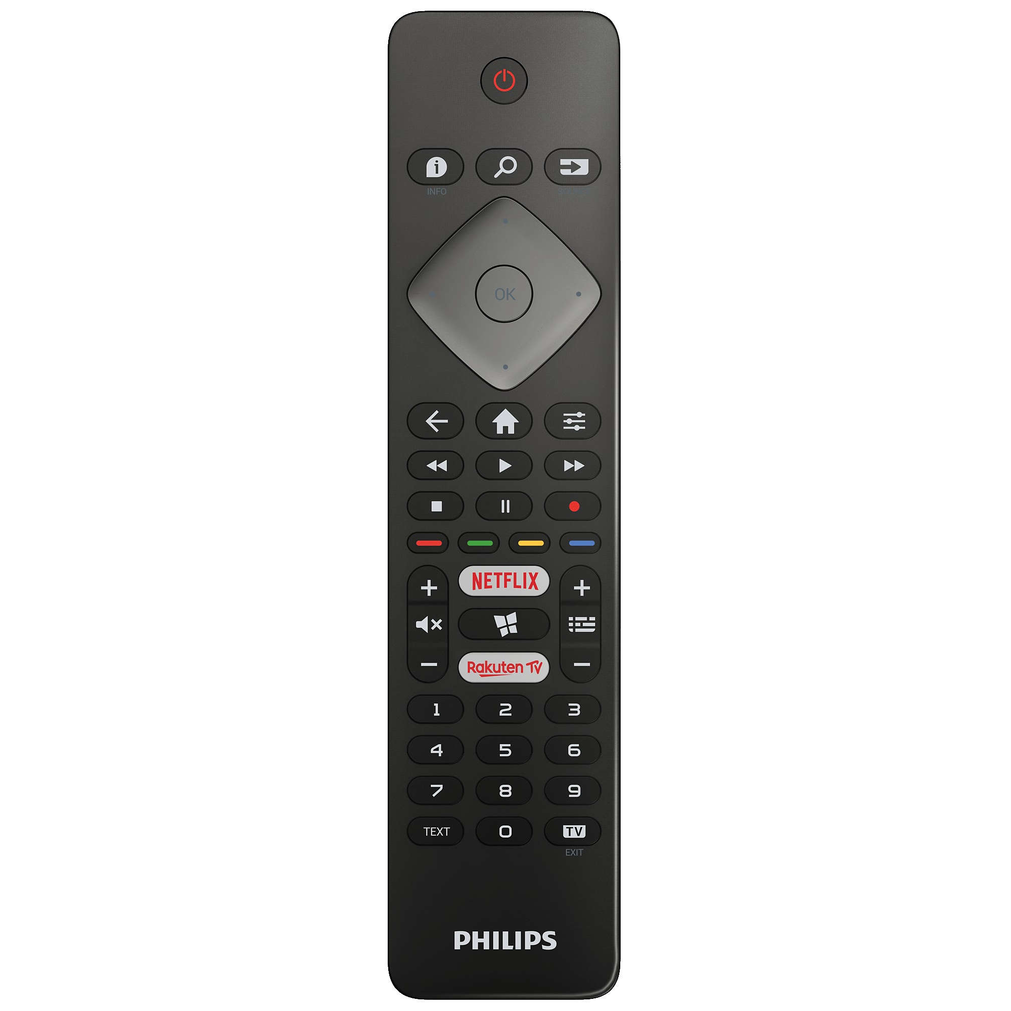 Telecomando nero con più pulsanti. Include i pulsanti Netflix e Rakuten TV.