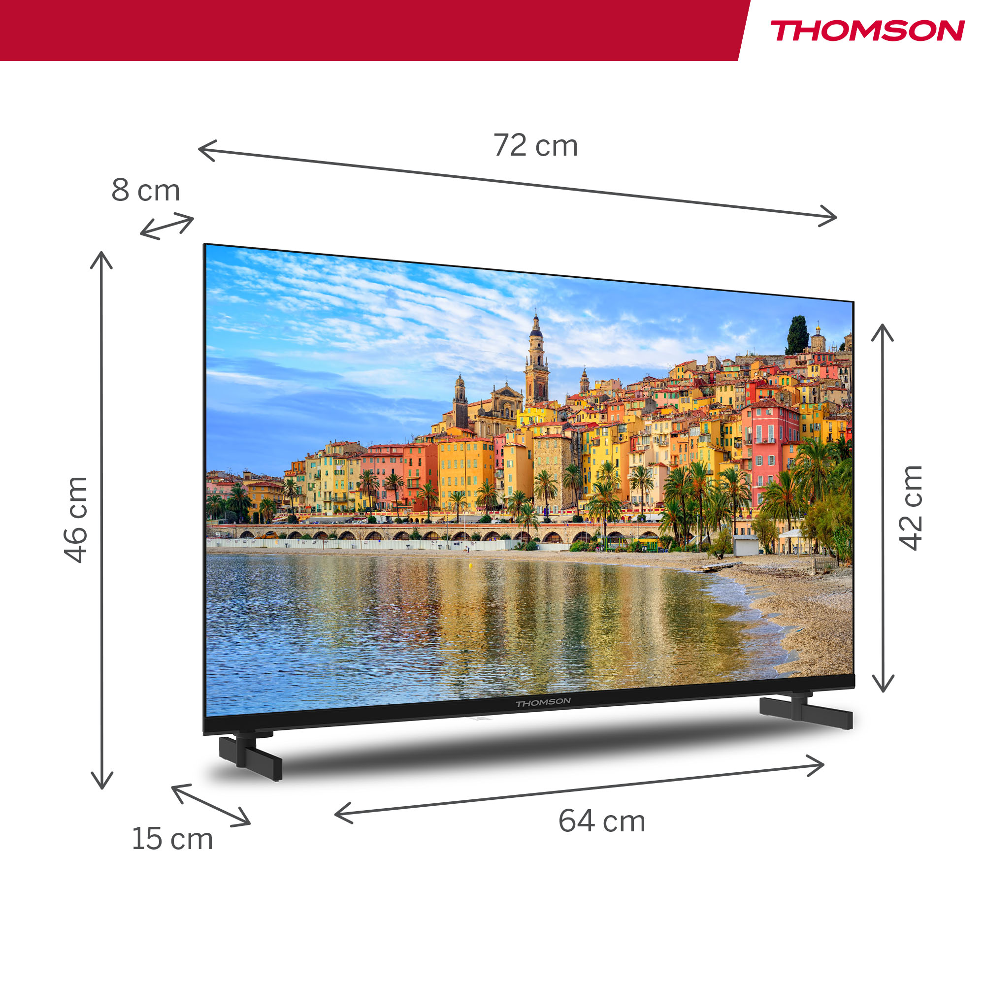 Flat-screen TV with dimensions. The screen shows a colorful cityscape. Measurement labels are provided.