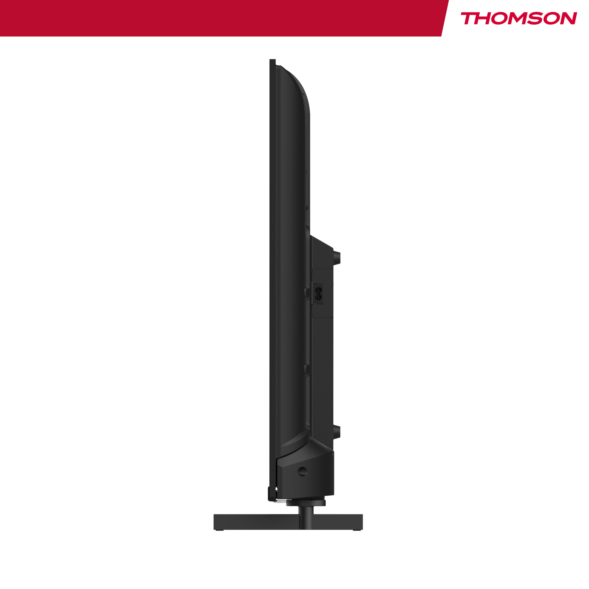 Czarny telewizor w widoku z boku. Logo Thomson jest widoczne na górze. Ekran jest wyłączony, a podstawa czarna.