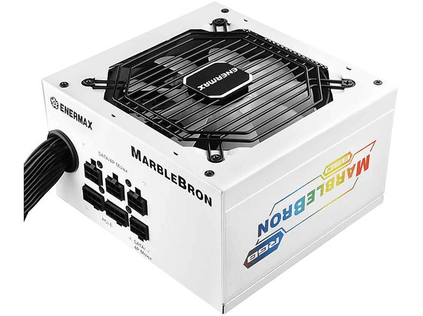 Un alimentatore per computer bianco con ventola nera, etichettato Marblebron e RGB, con porte e cavi.