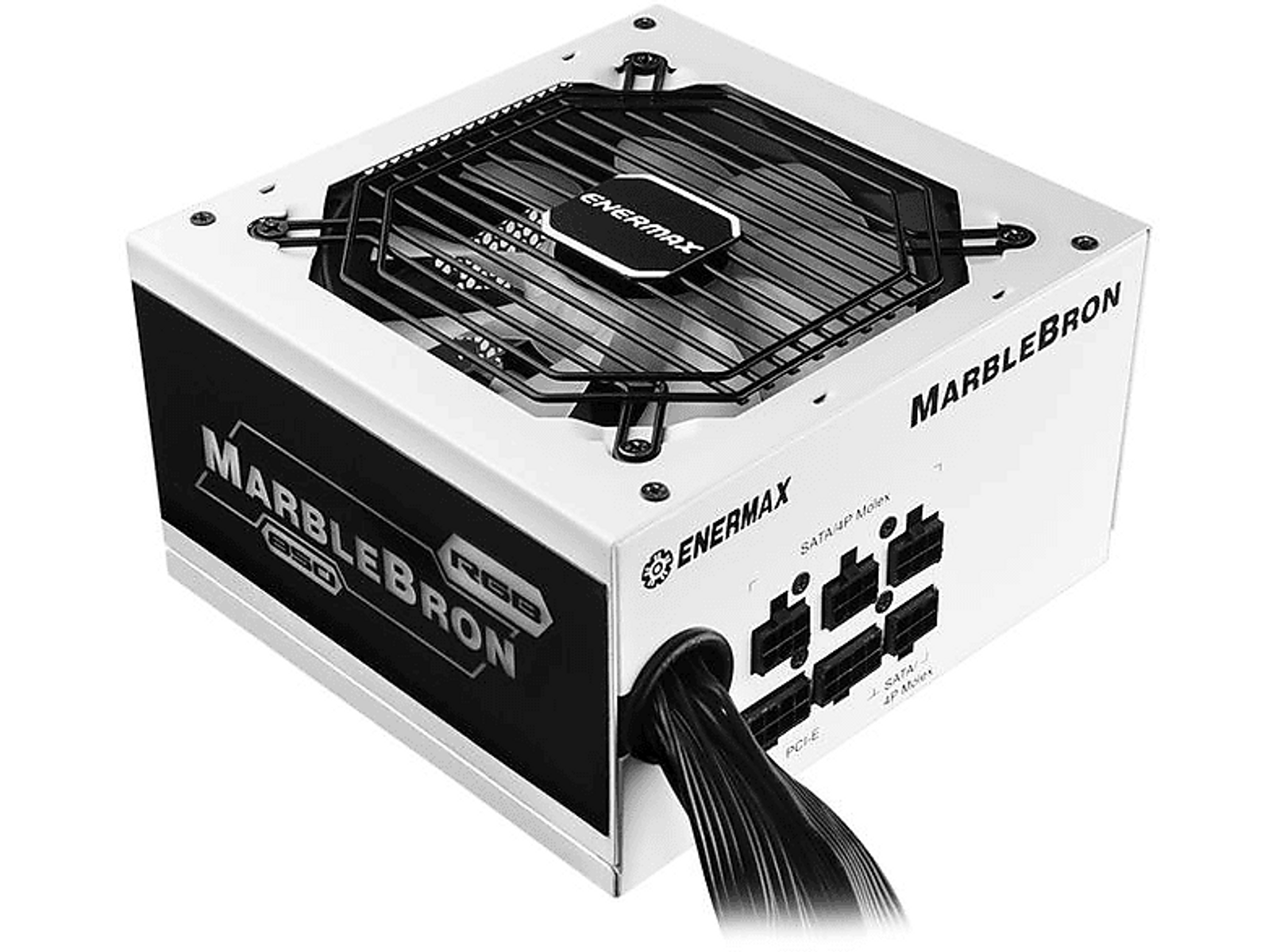 Alimentatore per computer bianco e nero con ventola e cavi neri.