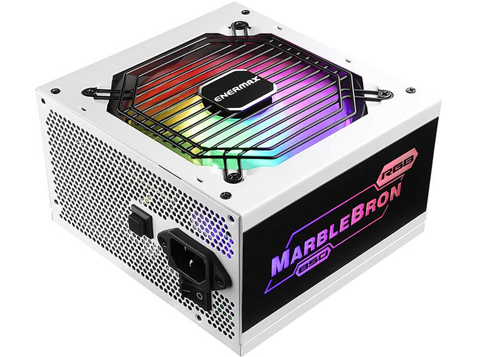 Alimentatore bianco, rettangolare con griglia nera e luci RGB. 'MarbleBron' stampato.