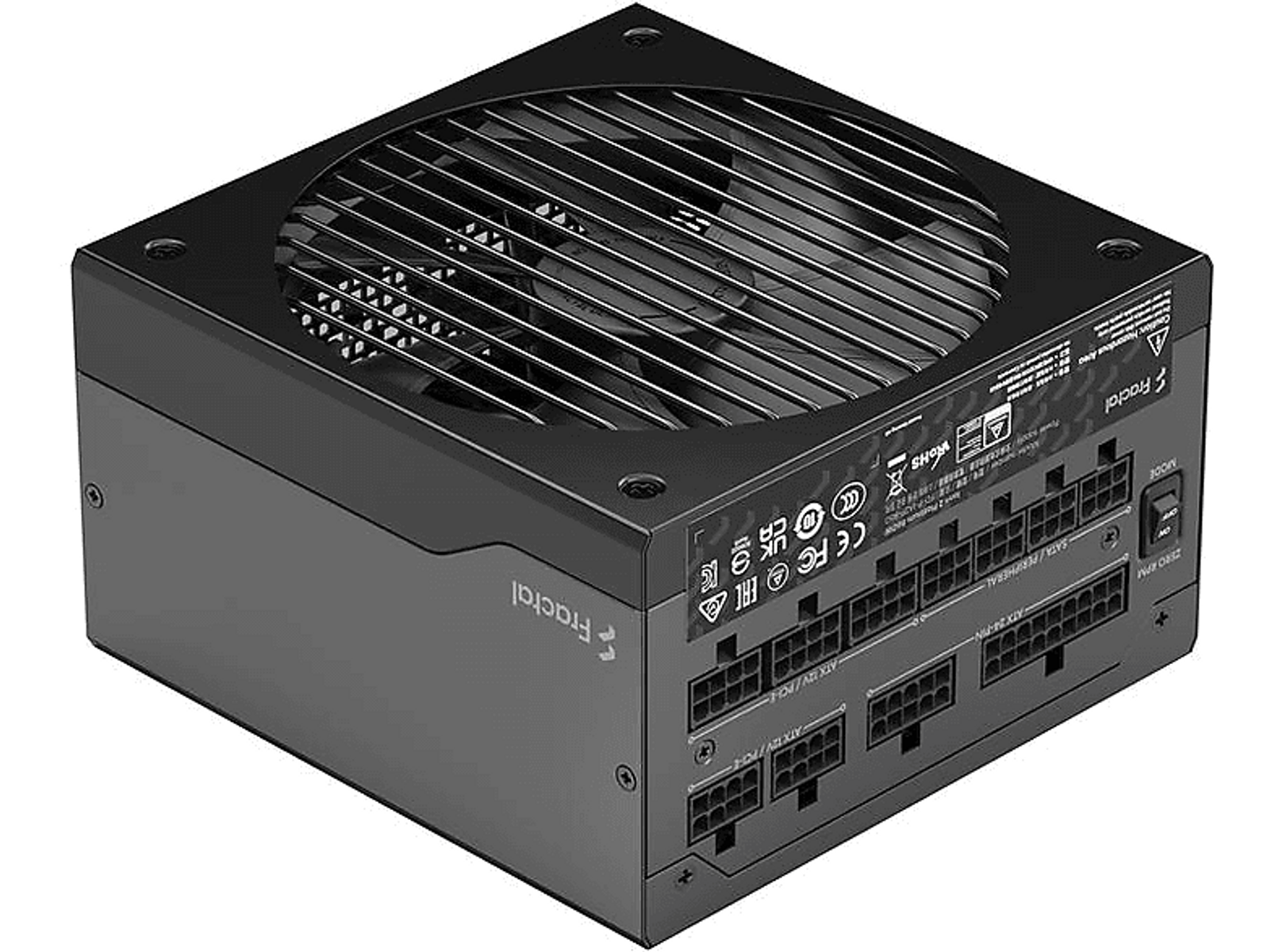 Czarny zasilacz komputerowy. Posiada wentylator i wiele złączy. Marka to Fractal.