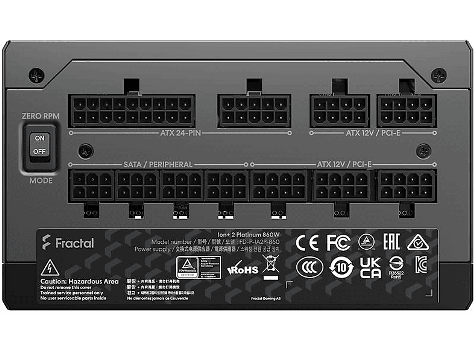 Czarny zasilacz z wieloma złączami. Widoczne logo Fractal. Posiada przełącznik wentylatora Zero RPM.