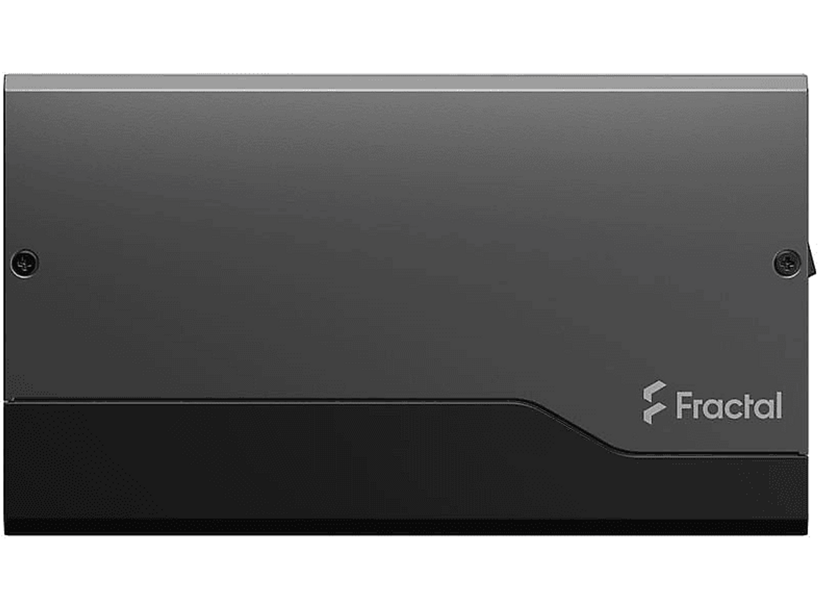 Czarny zasilacz Fractal z logo marki w dolnej części.