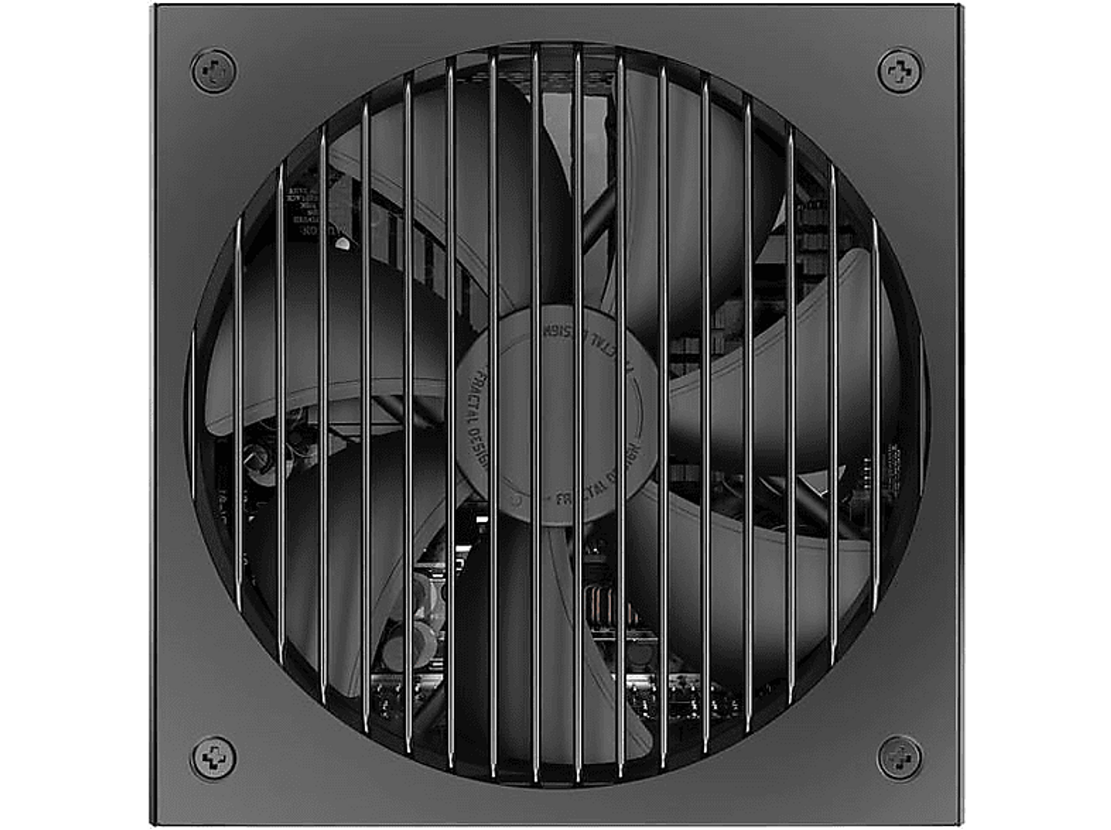 Czarny wentylator z kratką, zbliżenie, wyśrodkowany na czarnym tle.