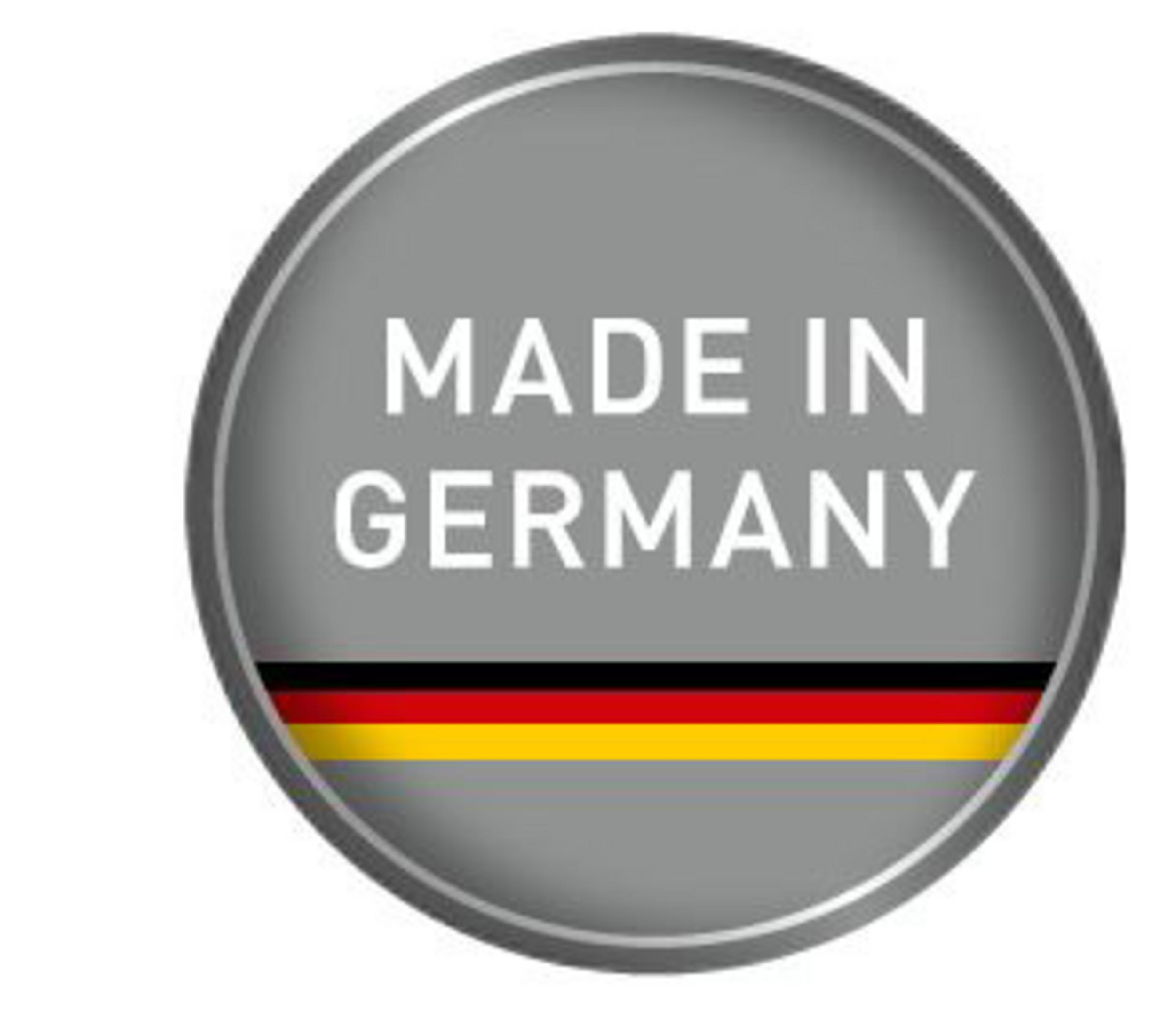 Rundes Emblem, grauer Hintergrund, mit deutschen Flaggenfarben und 'MADE IN GERMANY'.