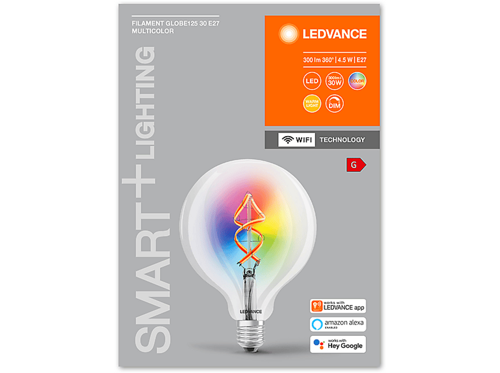 Wielokolorowa żarówka LED z przezroczystą szklaną bańką. Tekst ją opisuje.