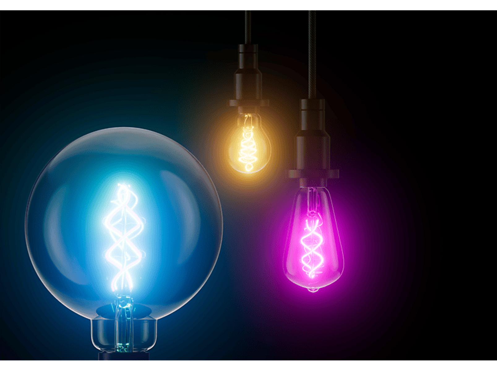 Trzy żarówki, niebieska, żółta i różowa, zawieszone na ciemnym tle.