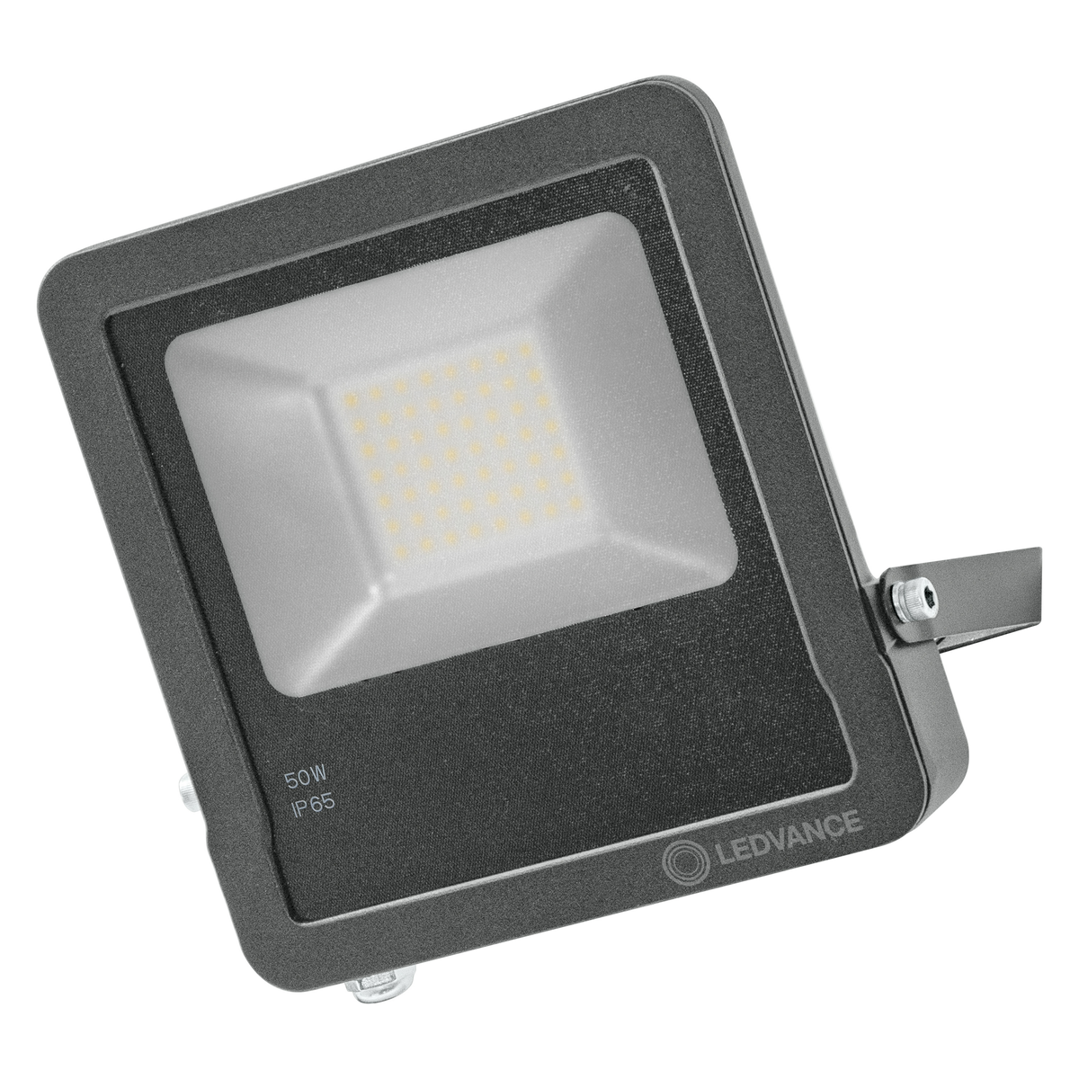 Foco LED rectangular negro con frontal plateado y logotipo LEDVANCE.