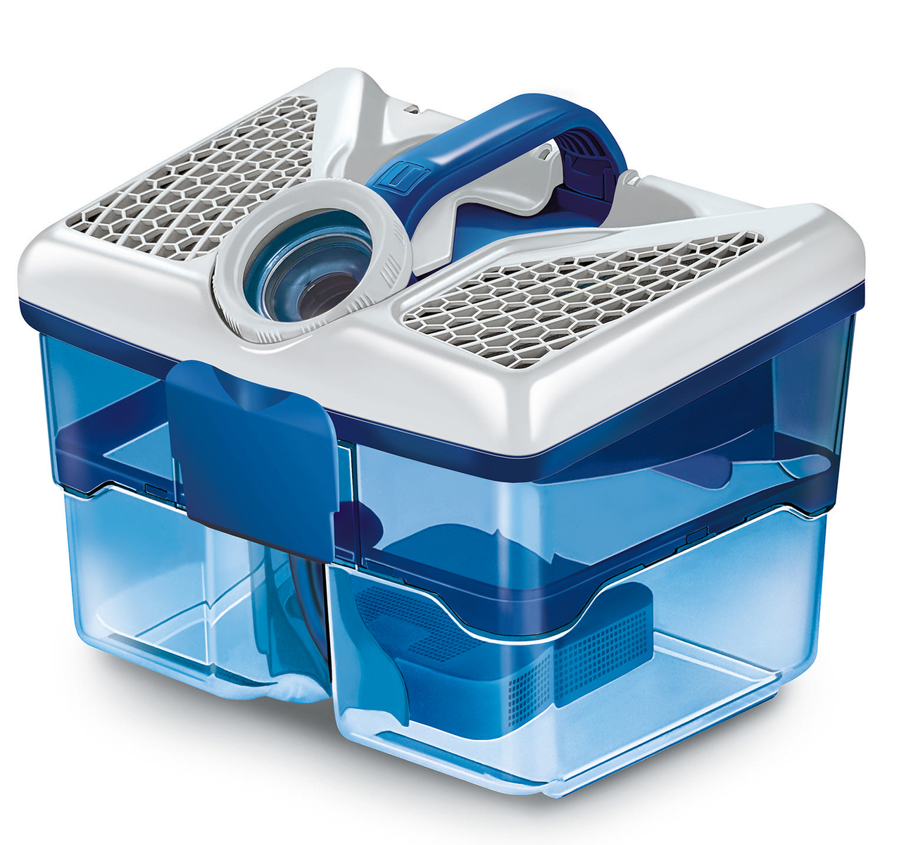 Niebiesko-biały transporter dla zwierząt z uchwytem i otworami wentylacyjnymi. Zamknięty pojemnik.