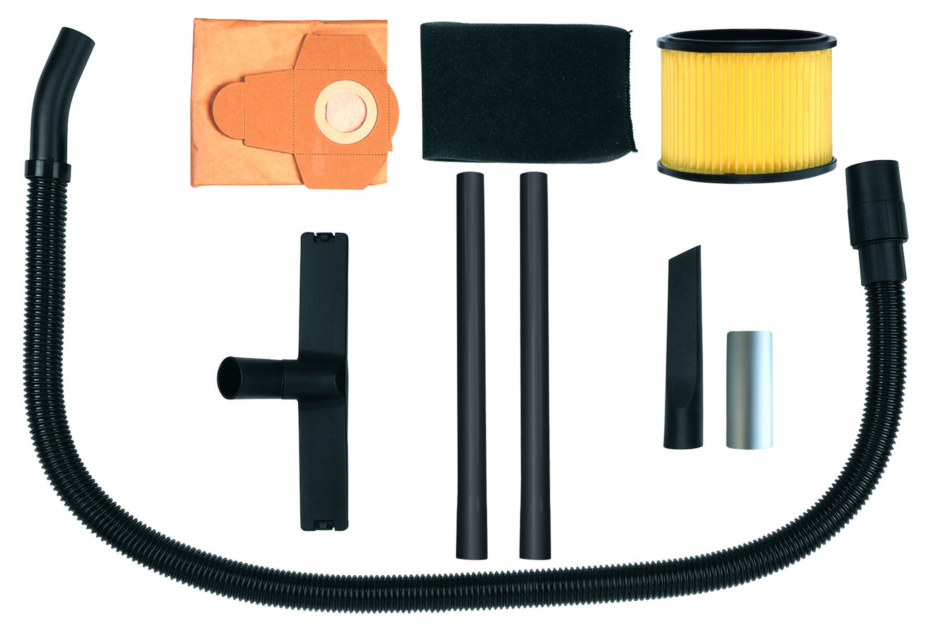 Pièces d'aspirateur : tuyau, sac, filtre, outils. Tout est noir ou beige, disposé sur fond blanc.