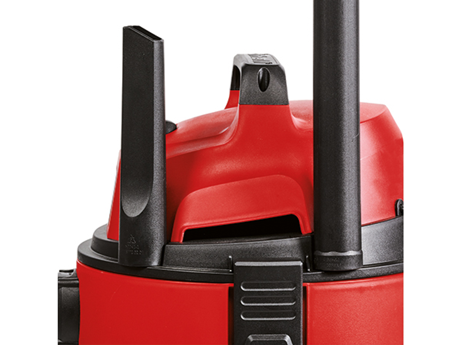 Pièces d'aspirateur rouges, poignée et buse visibles.