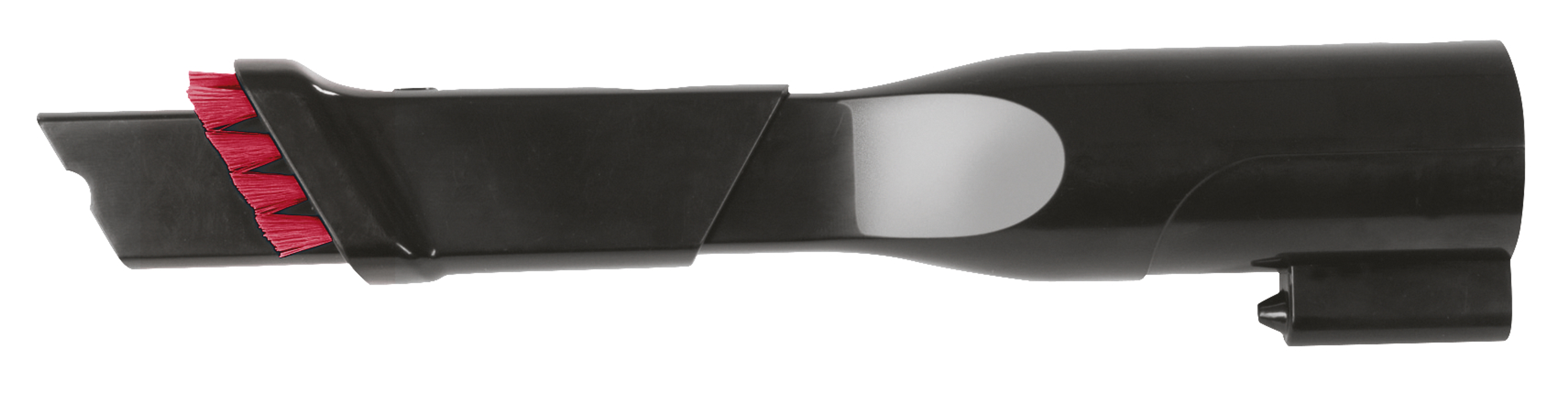 Czarne akcesorium do odkurzacza z czerwoną nasadką szczotkową.