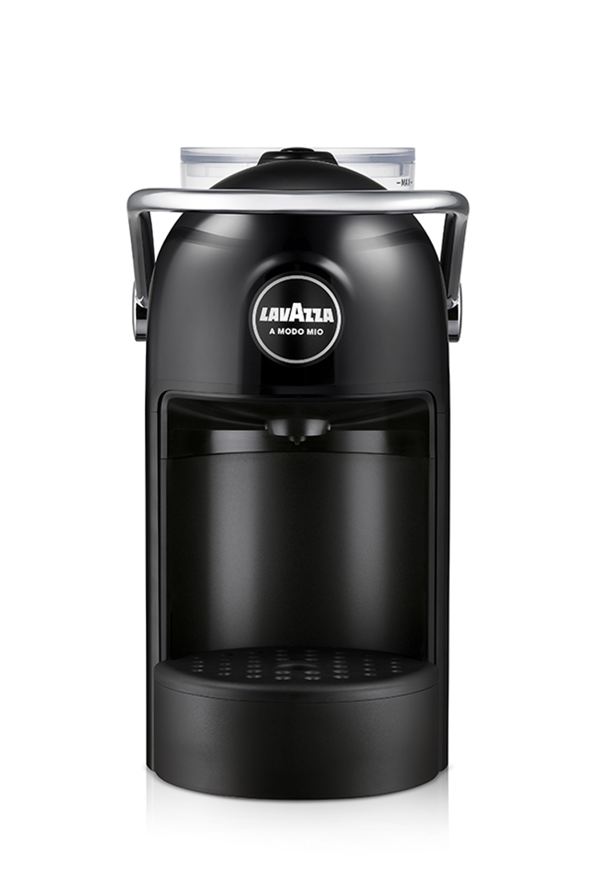 Czarny ekspres do kawy Lavazza A Modo Mio ze srebrnym uchwytem, na białym tle.