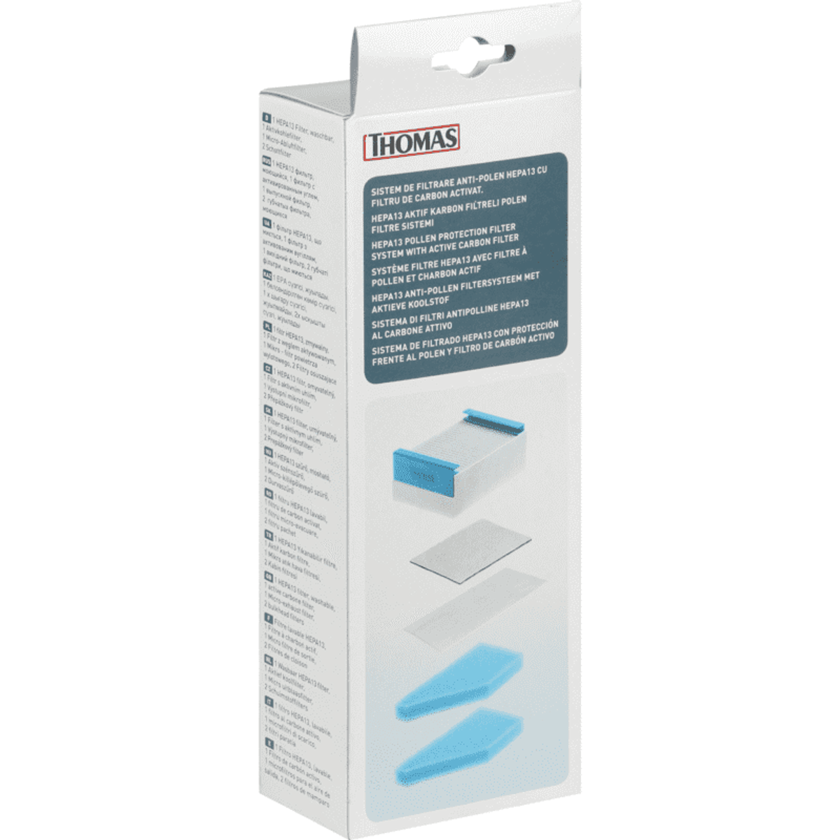 Una caja de producto con repuestos de filtro para un sistema de limpieza. Muestra los filtros.