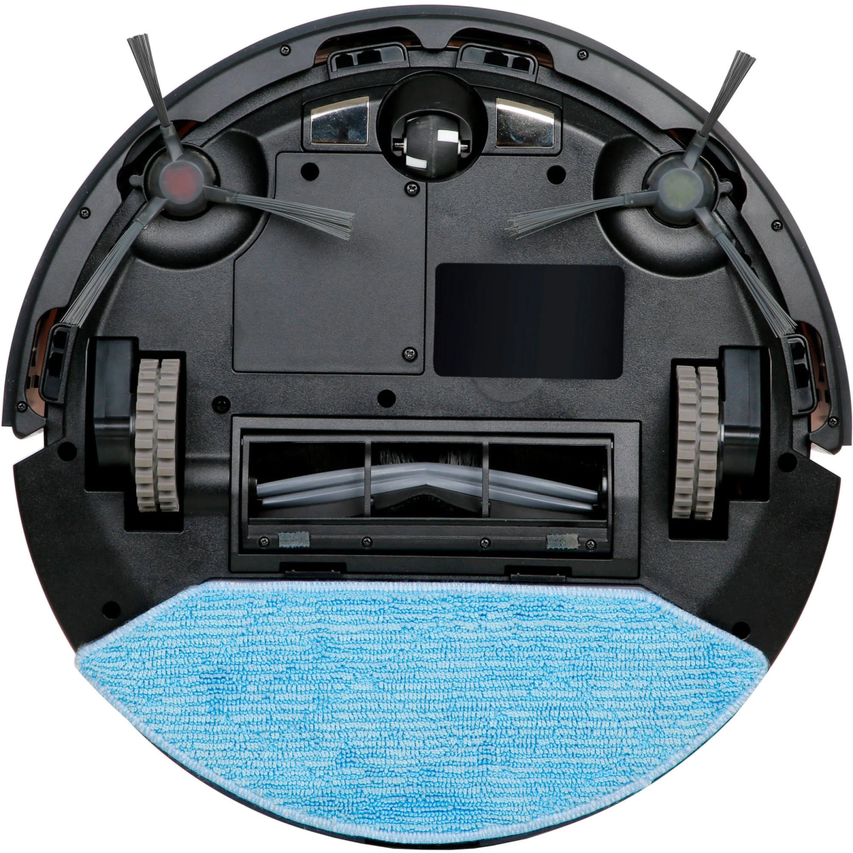 Roboter-Staubsauger, Unteransicht. Schwarz mit Bürsten, Rädern und einem blauen Reinigungspad.