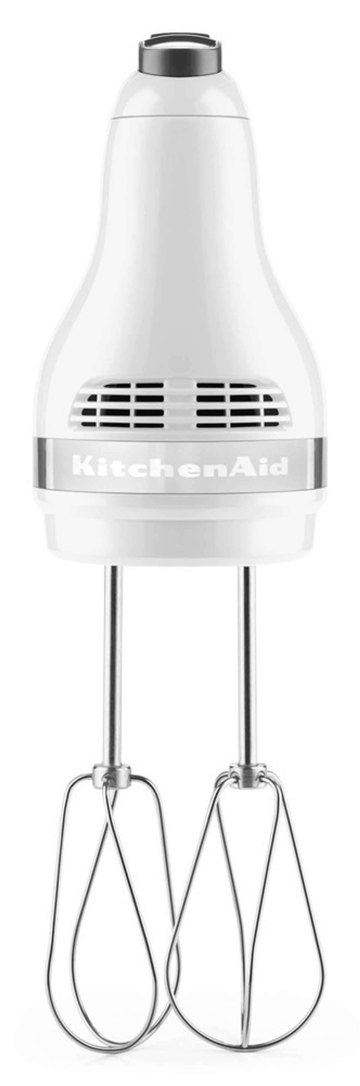 Weißer Handmixer mit zwei Rührbesen. Es ist auf weißem Hintergrund.