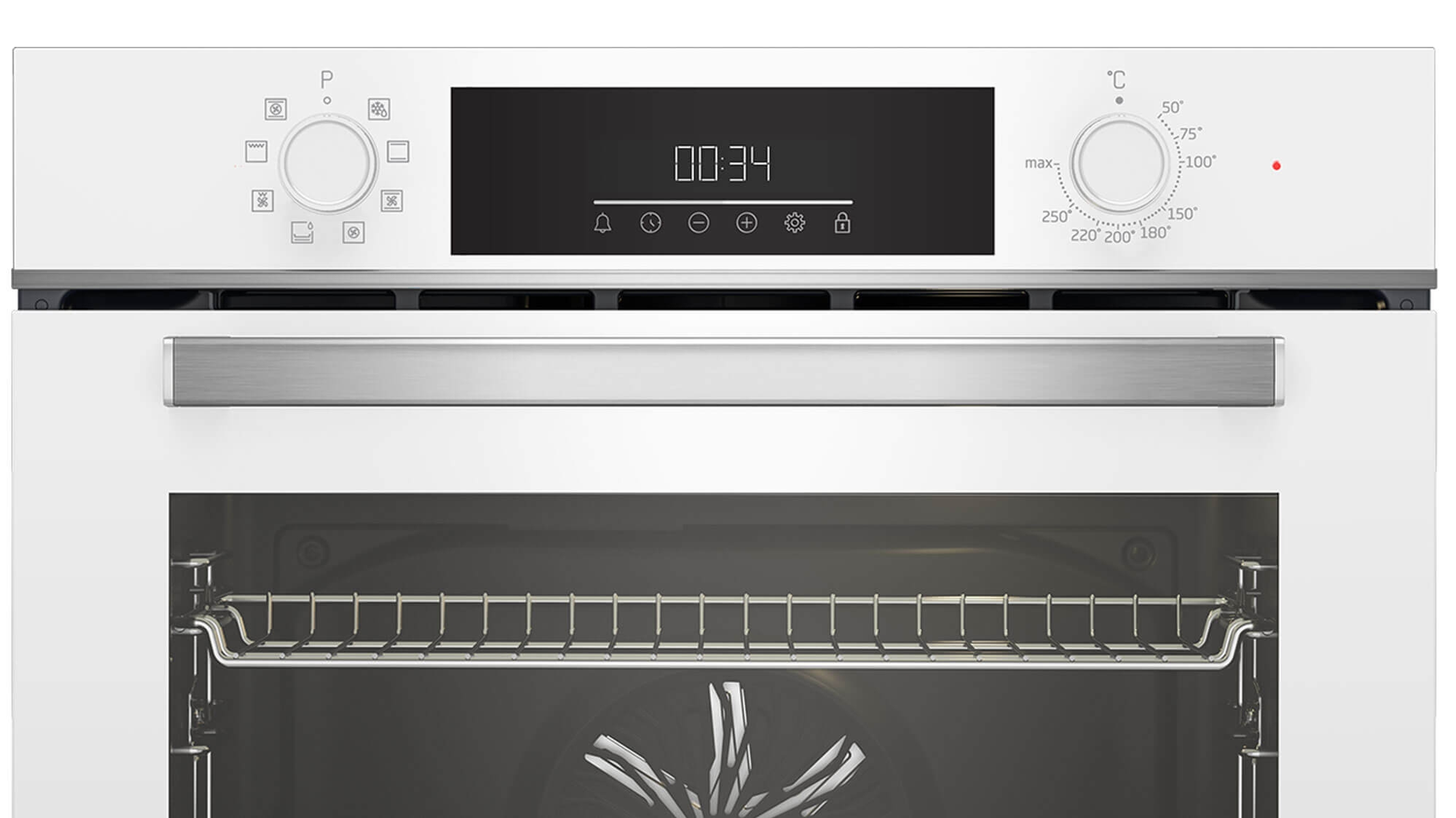 Pannello di controllo del forno bianco con orologio digitale e manopola della temperatura.
