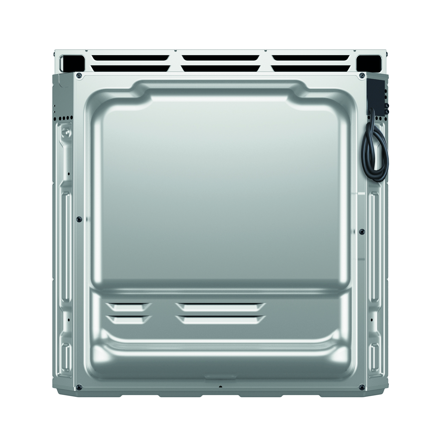 Tył srebrnego piekarnika, pokazujący jego metalową strukturę i kabel zasilający.