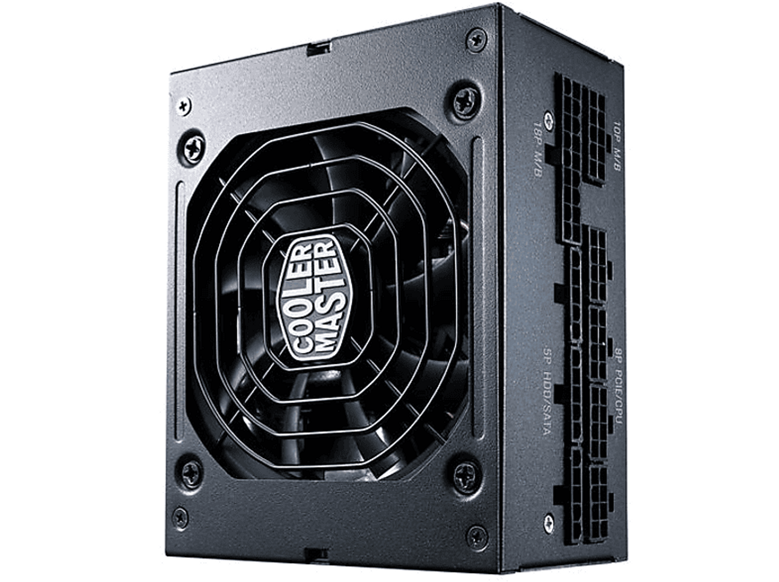 Un alimentatore nero con una ventola e più porte, etichettato Cooler Master.