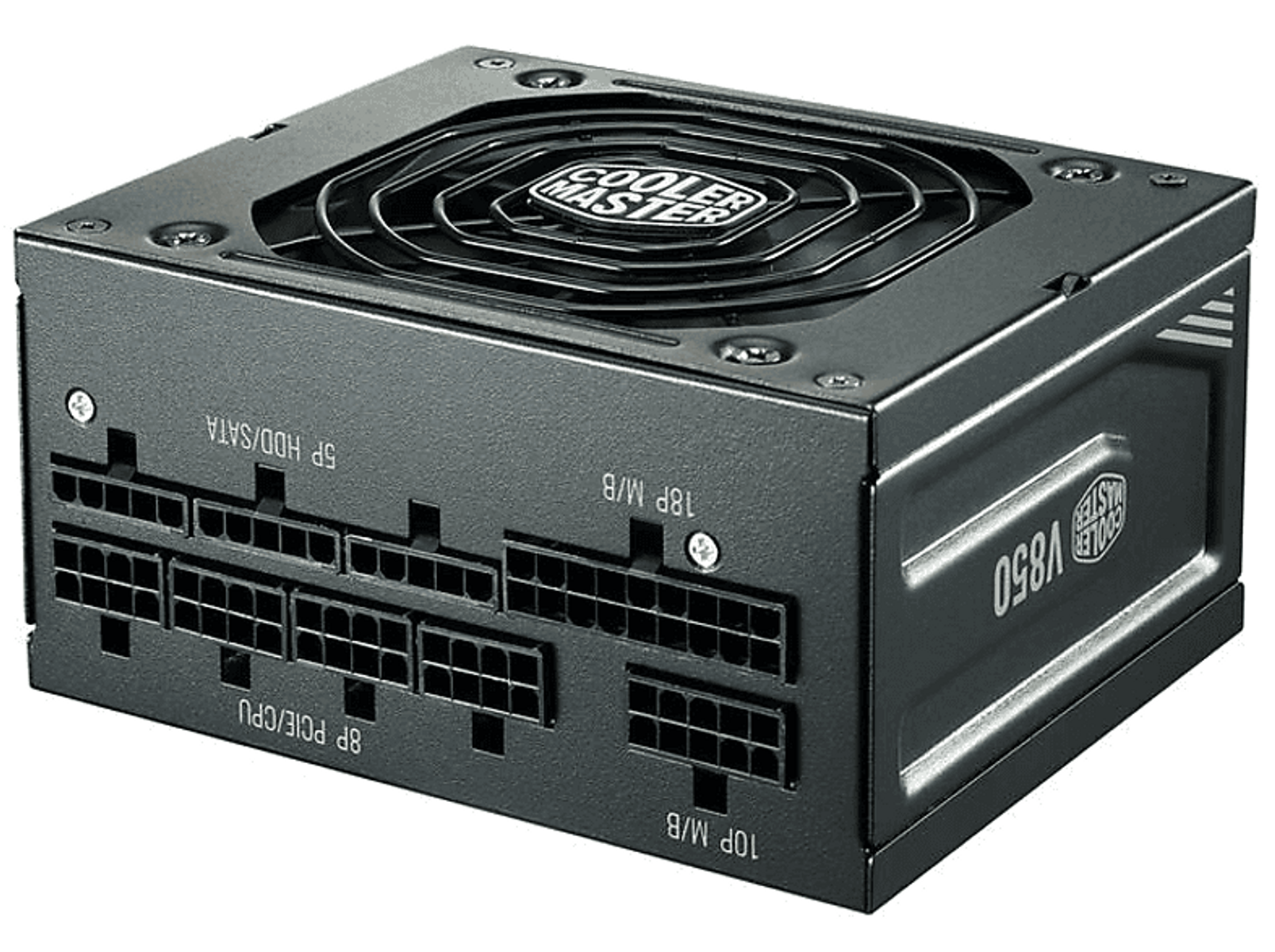 Un alimentatore nero Cooler Master con più connettori.